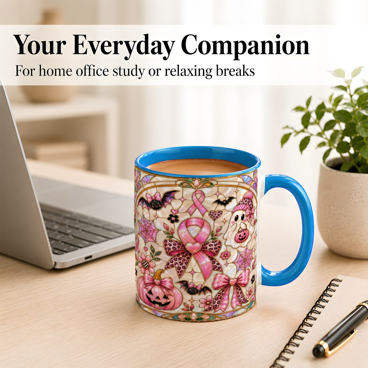 #pl[11oz|Blue] Pink Ribbon Halloween Coffee Mug, Cute Ghost Mug, Floral Ceramic Cup