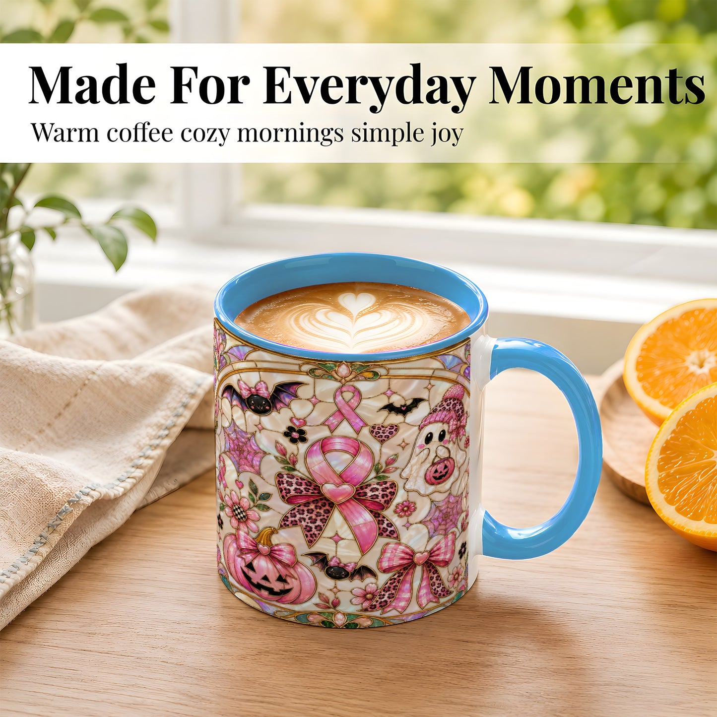 #pl[11oz|Blue] Pink Ribbon Halloween Coffee Mug, Cute Ghost Mug, Floral Ceramic Cup