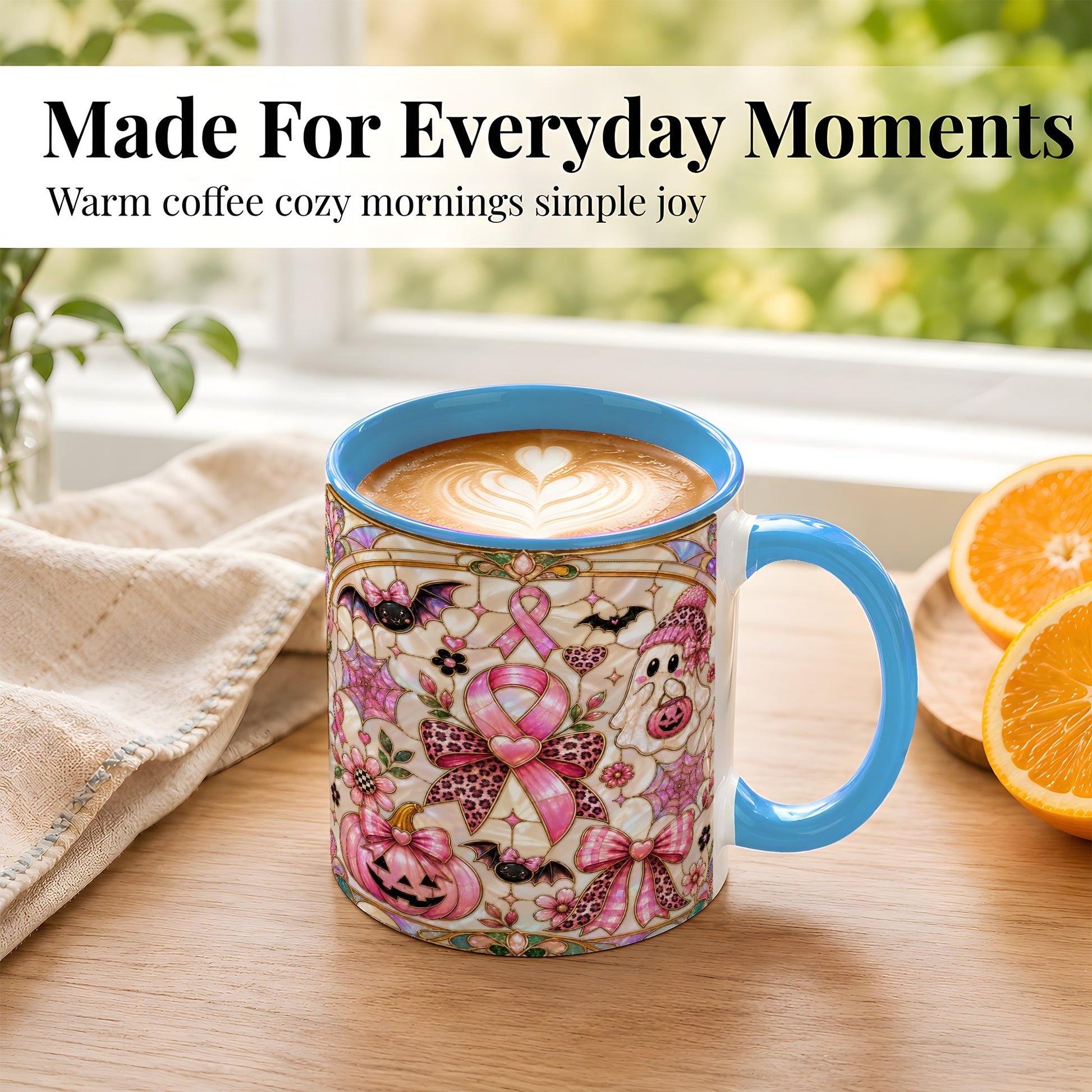 #pl[11oz|Blue] Pink Ribbon Halloween Coffee Mug, Cute Ghost Mug, Floral Ceramic Cup