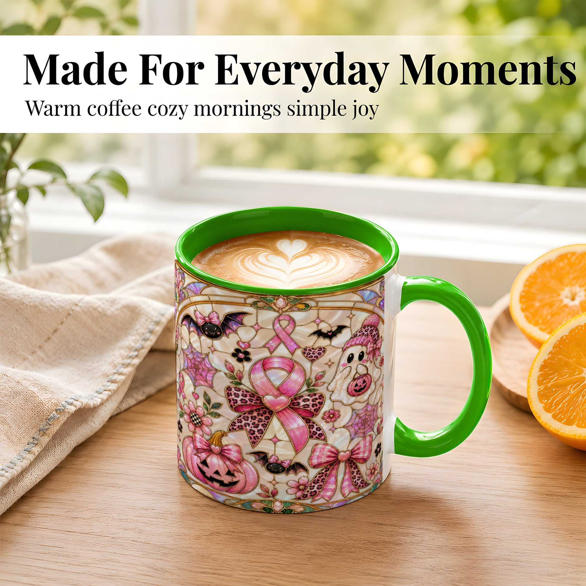 #pl[11oz|Green] Pink Ribbon Halloween Coffee Mug, Cute Ghost Mug, Floral Ceramic Cup