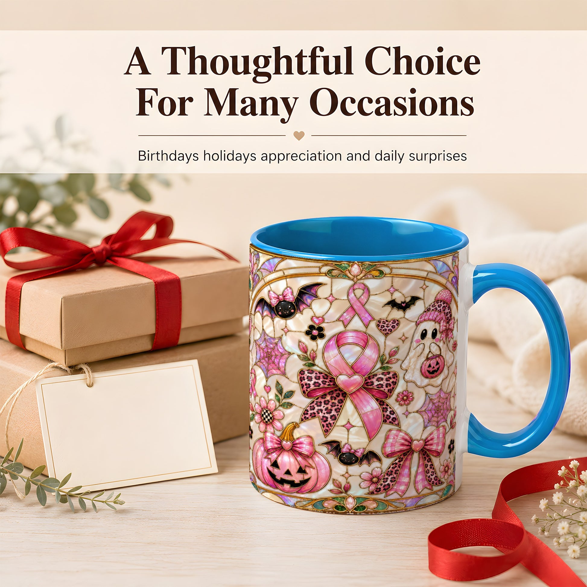#pl[11oz|Blue] Pink Ribbon Halloween Coffee Mug, Cute Ghost Mug, Floral Ceramic Cup