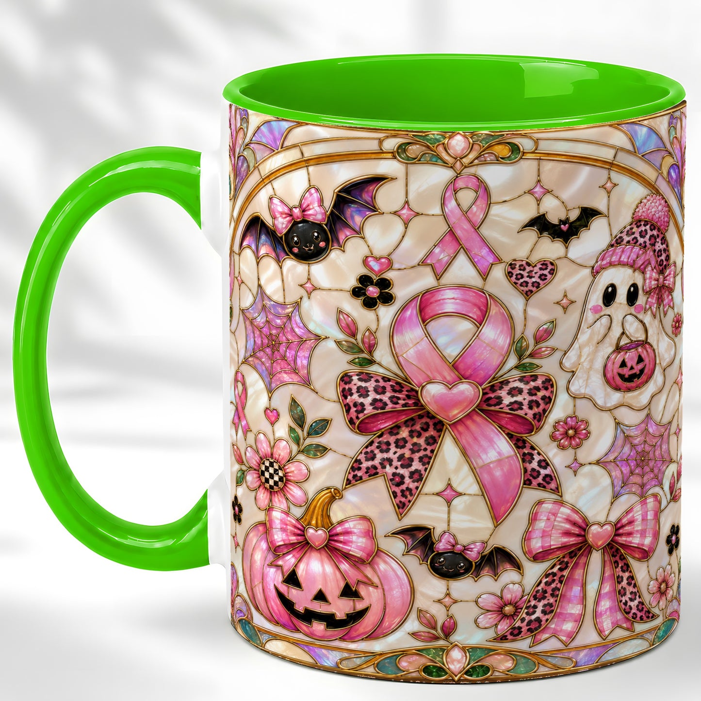#pl[11oz|Green] Pink Ribbon Halloween Coffee Mug, Cute Ghost Mug, Floral Ceramic Cup