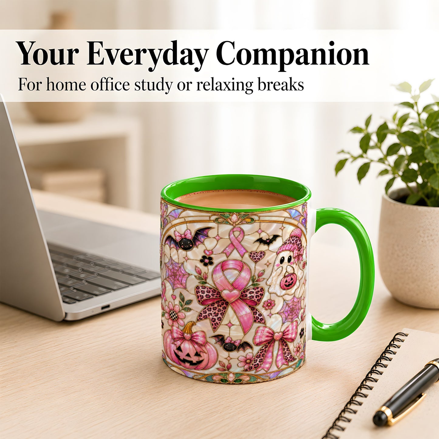 #pl[11oz|Green] Pink Ribbon Halloween Coffee Mug, Cute Ghost Mug, Floral Ceramic Cup