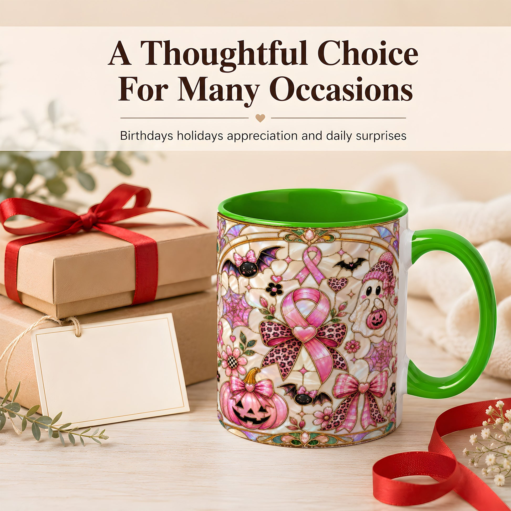 #pl[11oz|Green] Pink Ribbon Halloween Coffee Mug, Cute Ghost Mug, Floral Ceramic Cup