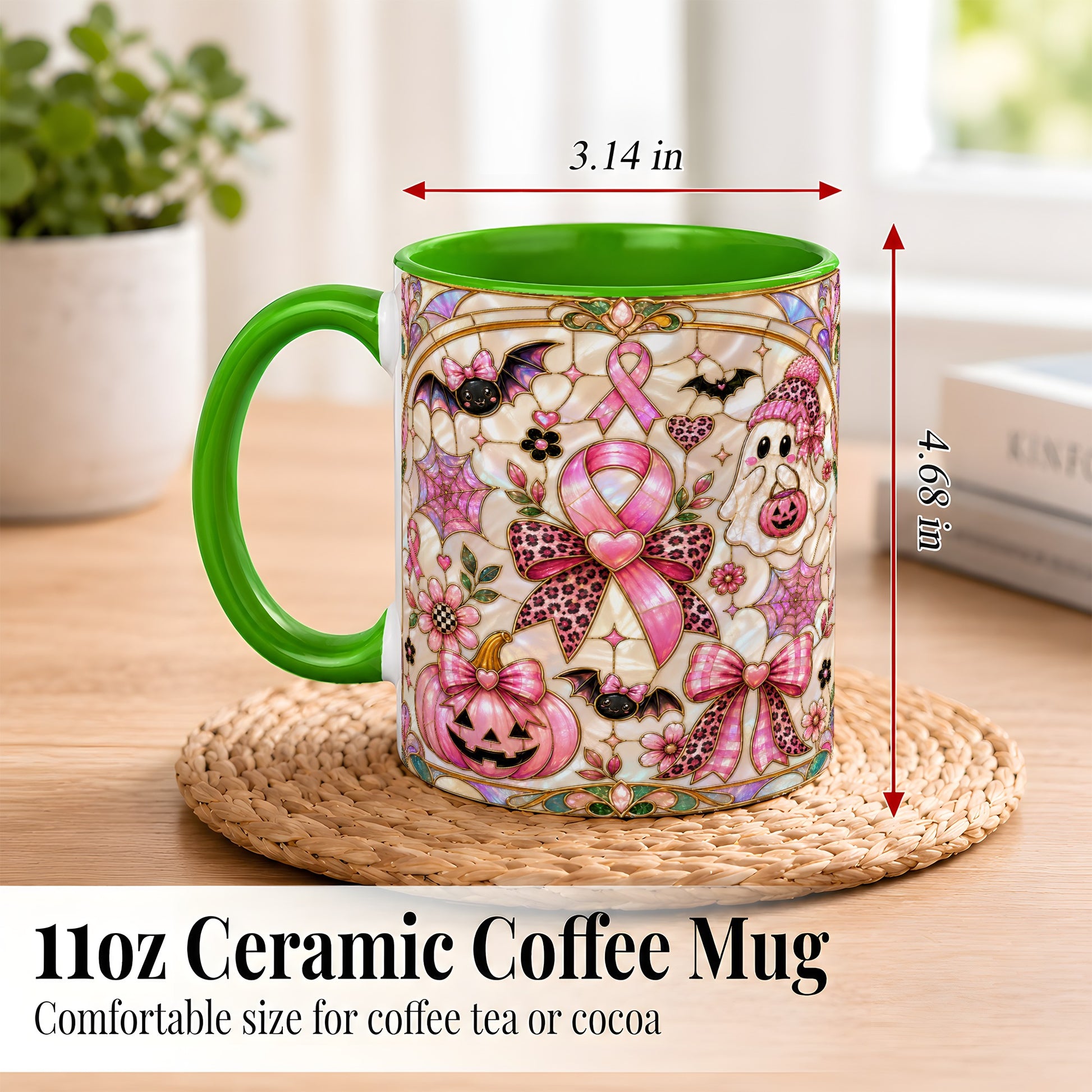 #pl[11oz|Green] Pink Ribbon Halloween Coffee Mug, Cute Ghost Mug, Floral Ceramic Cup