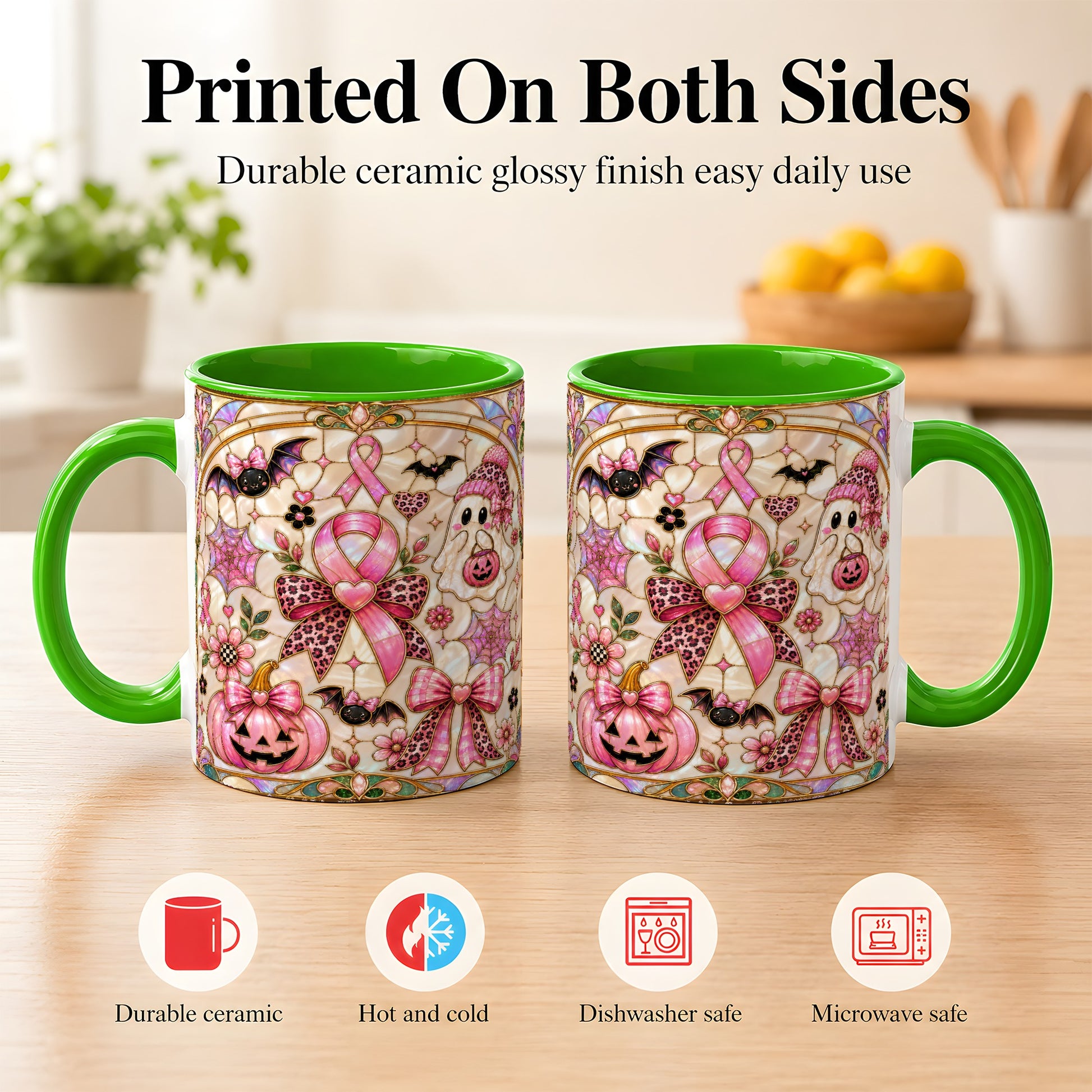 #pl[11oz|Green] Pink Ribbon Halloween Coffee Mug, Cute Ghost Mug, Floral Ceramic Cup