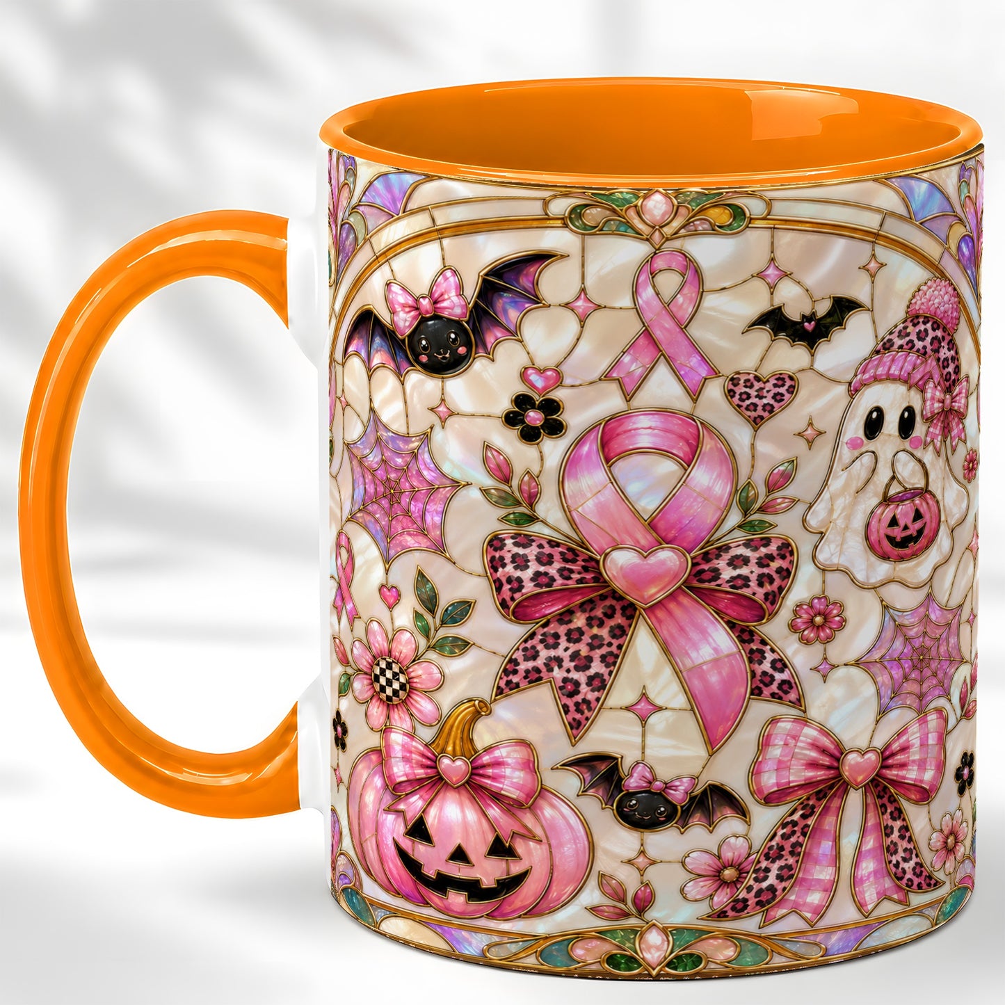 #pl[11oz|Orange] Pink Ribbon Halloween Coffee Mug, Cute Ghost Mug, Floral Ceramic Cup