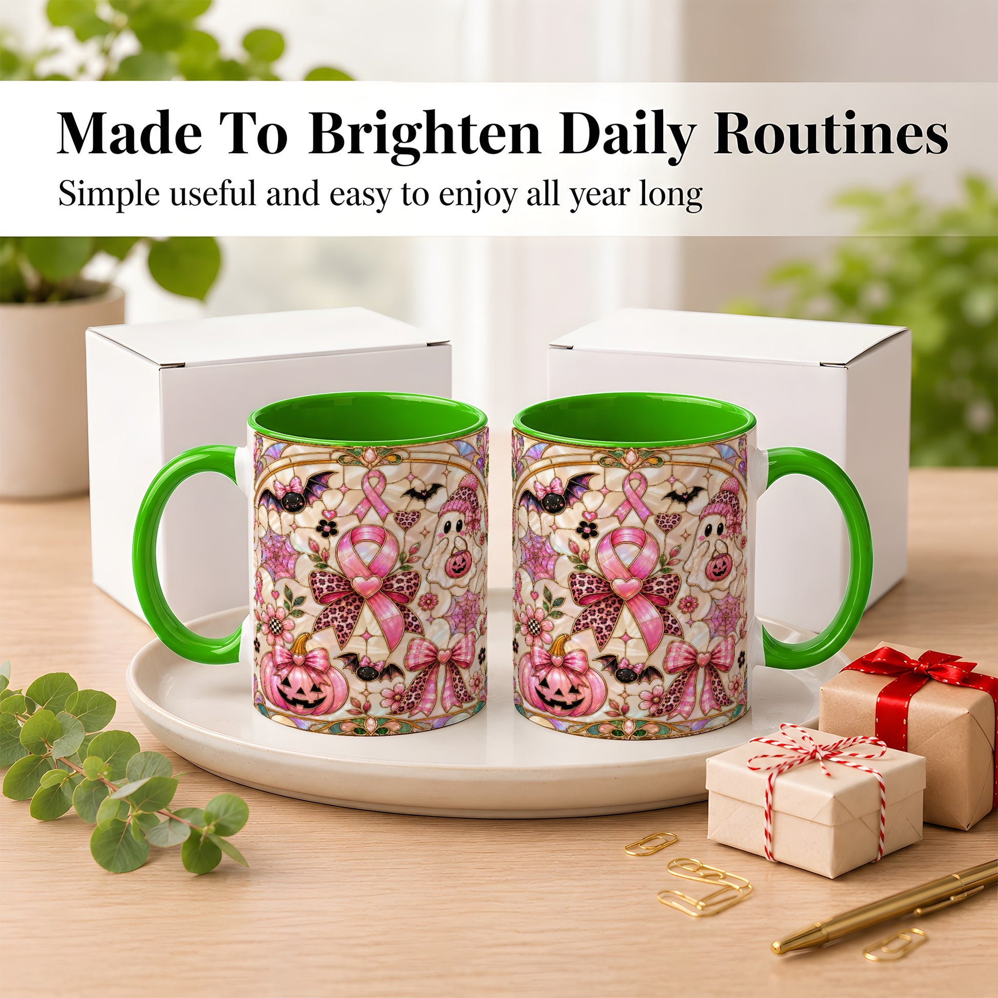 #pl[11oz|Green] Pink Ribbon Halloween Coffee Mug, Cute Ghost Mug, Floral Ceramic Cup