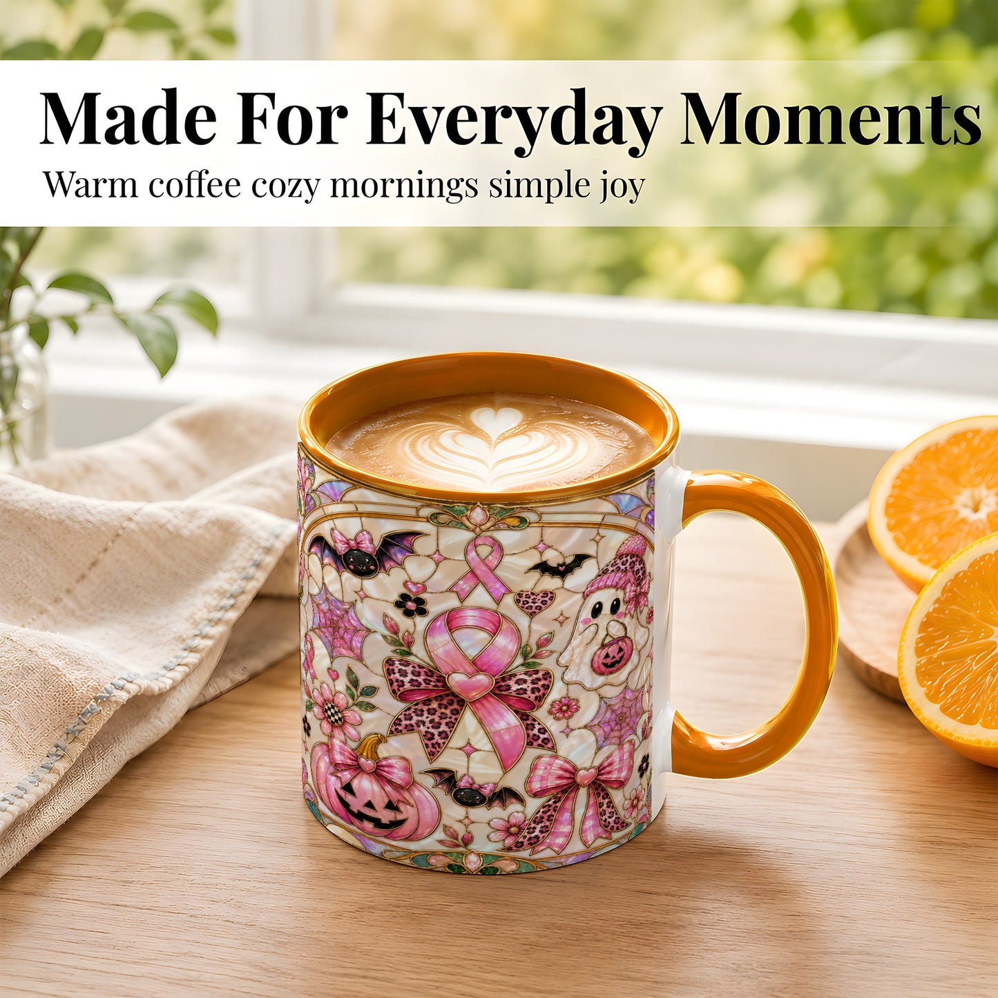 #pl[11oz|Orange] Pink Ribbon Halloween Coffee Mug, Cute Ghost Mug, Floral Ceramic Cup