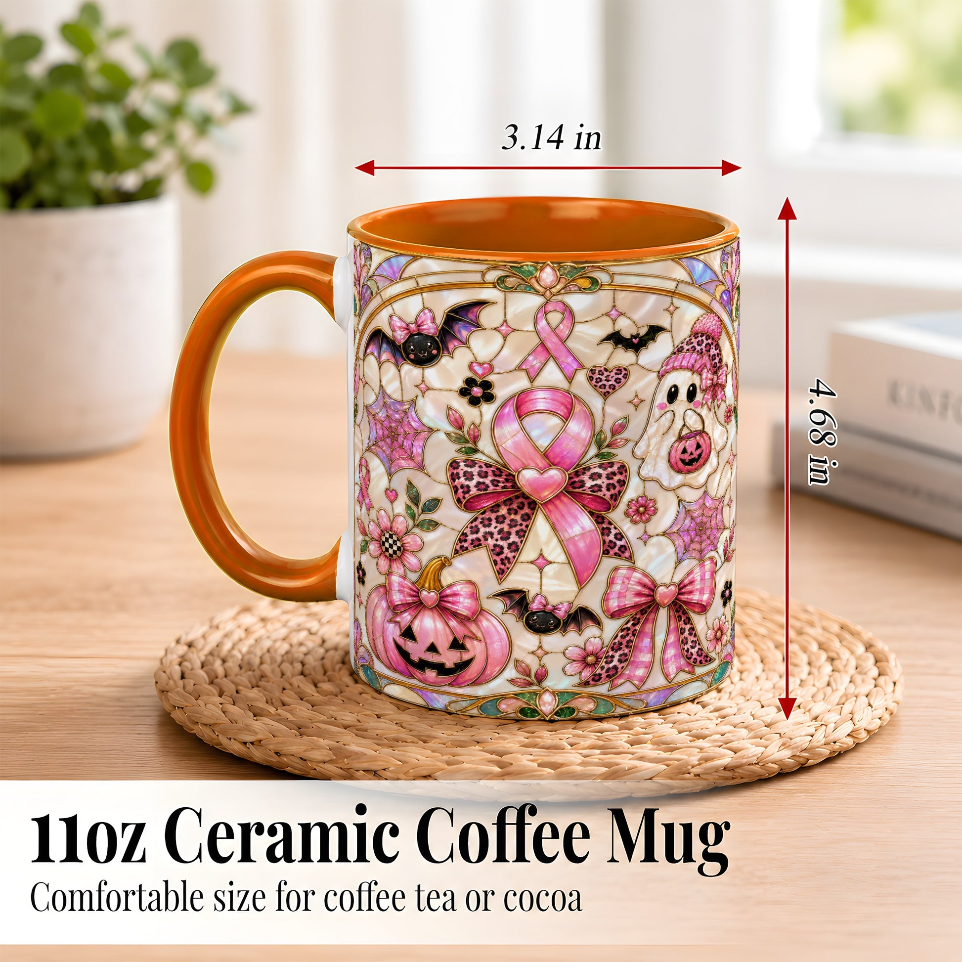 #pl[11oz|Orange] Pink Ribbon Halloween Coffee Mug, Cute Ghost Mug, Floral Ceramic Cup