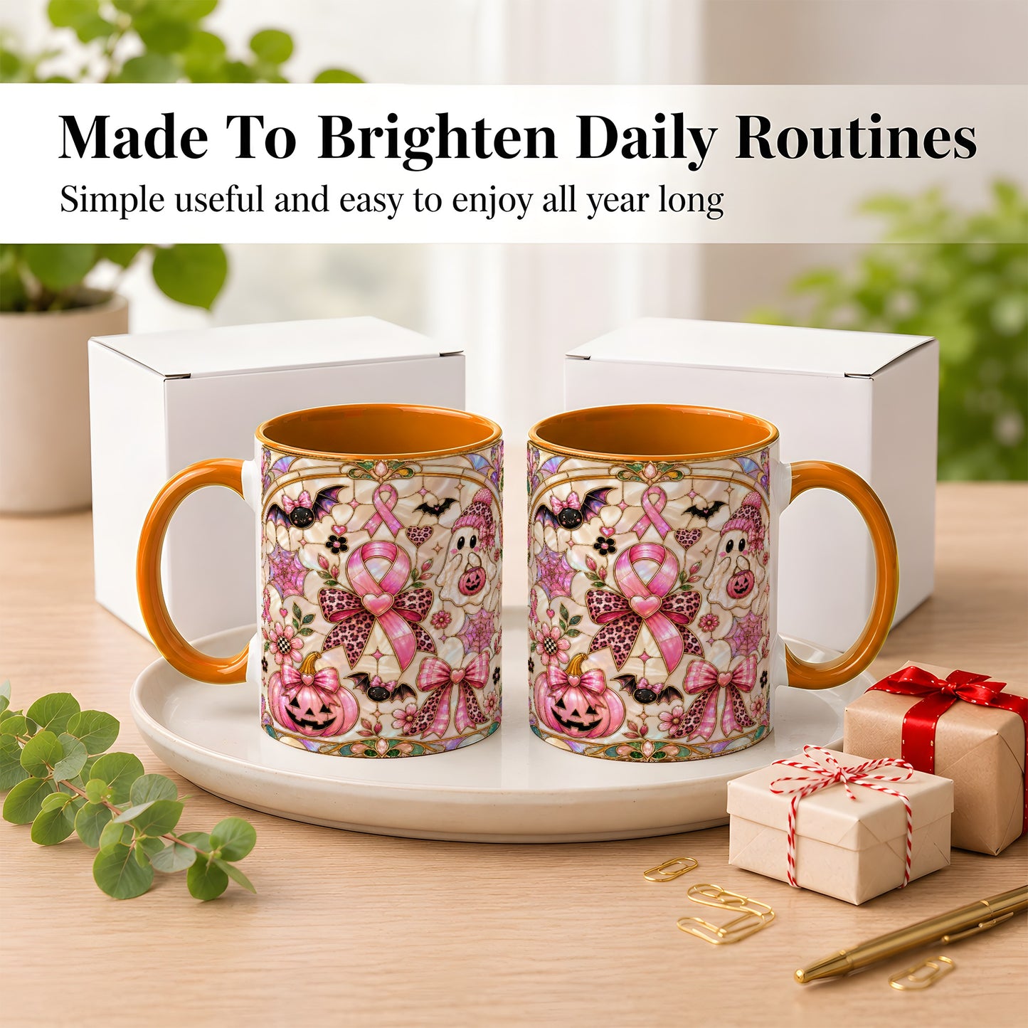 #pl[11oz|Orange] Pink Ribbon Halloween Coffee Mug, Cute Ghost Mug, Floral Ceramic Cup