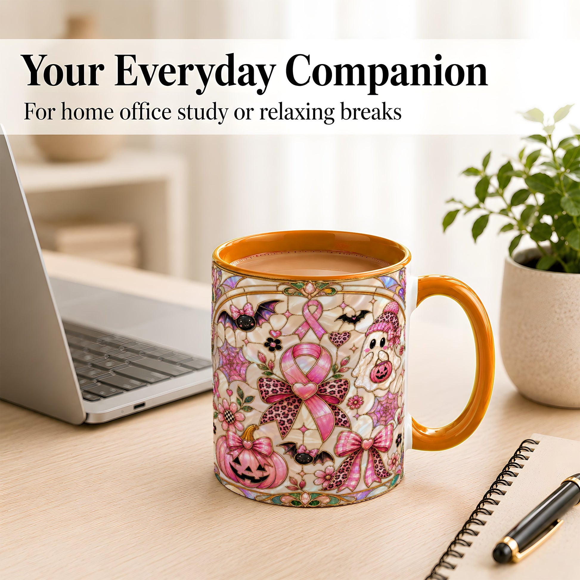 #pl[11oz|Orange] Pink Ribbon Halloween Coffee Mug, Cute Ghost Mug, Floral Ceramic Cup