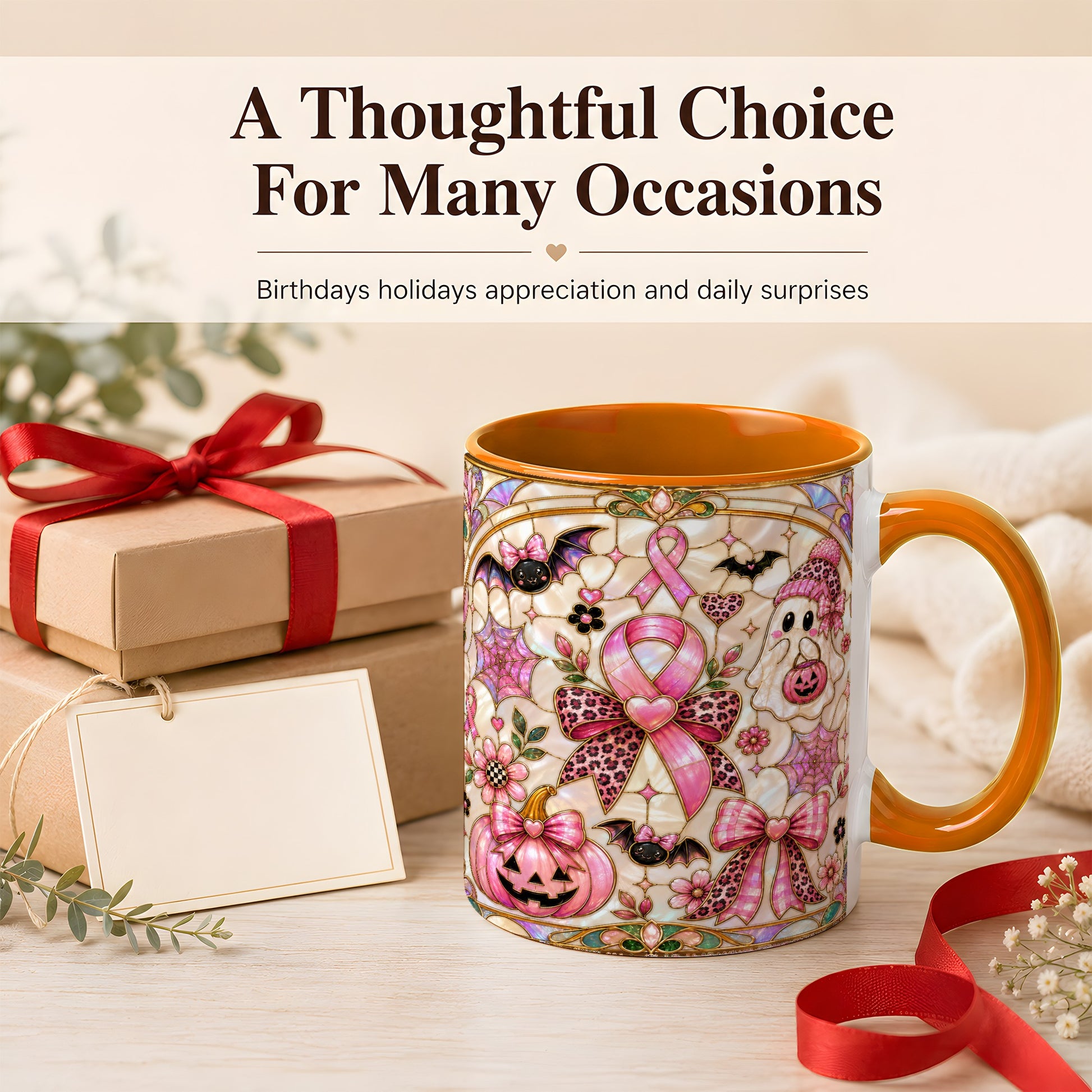 #pl[11oz|Orange] Pink Ribbon Halloween Coffee Mug, Cute Ghost Mug, Floral Ceramic Cup