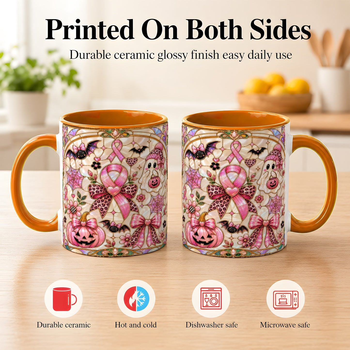 #pl[11oz|Orange] Pink Ribbon Halloween Coffee Mug, Cute Ghost Mug, Floral Ceramic Cup