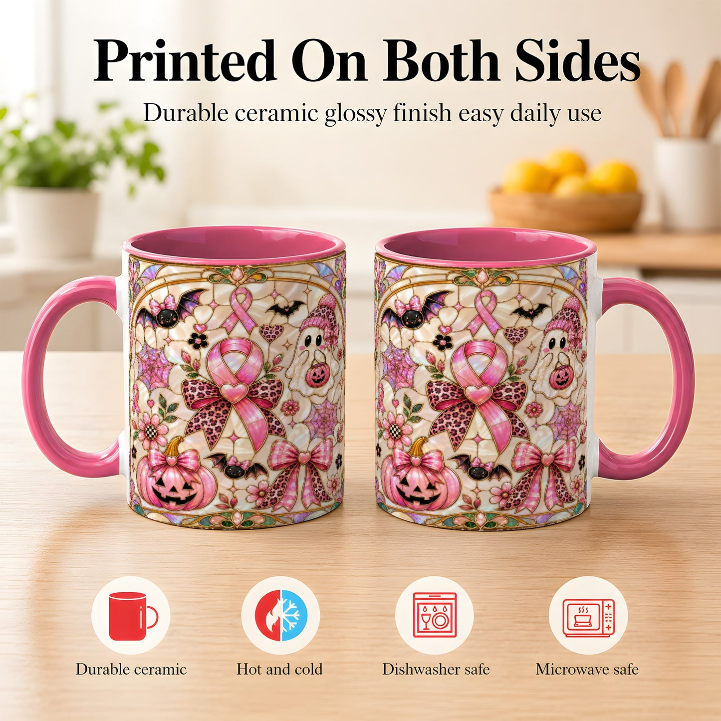 #pl[11oz|Pink] Pink Ribbon Halloween Coffee Mug, Cute Ghost Mug, Floral Ceramic Cup