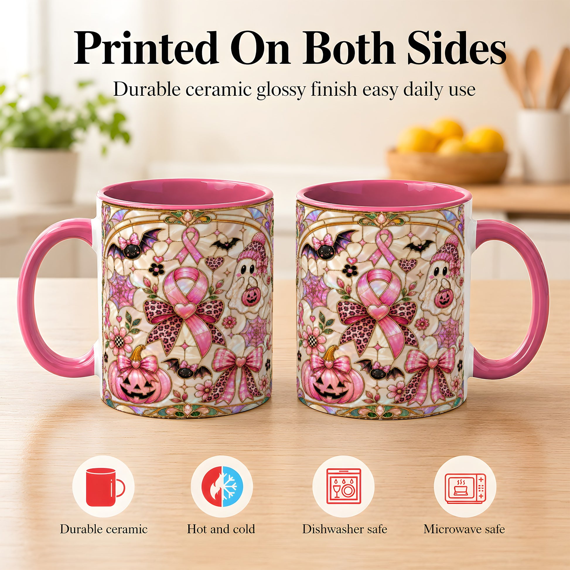 #pl[11oz|Pink] Pink Ribbon Halloween Coffee Mug, Cute Ghost Mug, Floral Ceramic Cup