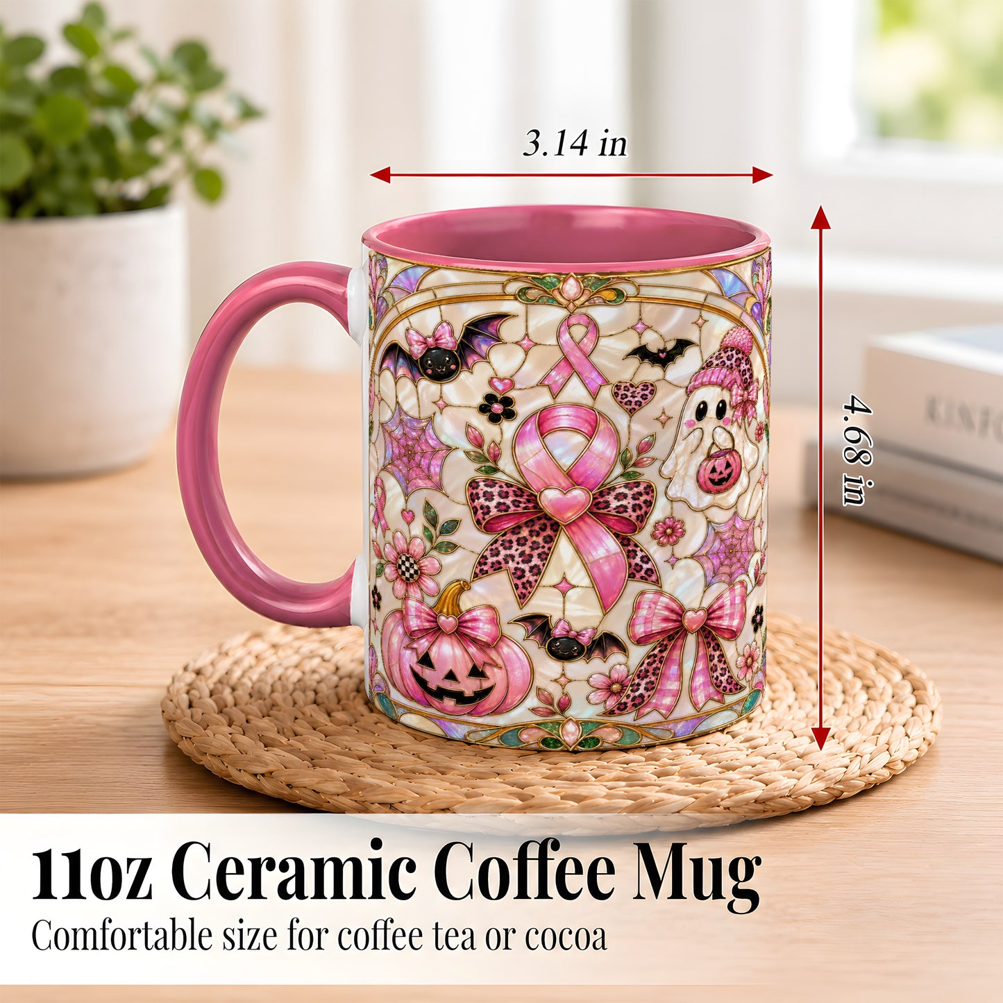 #pl[11oz|Pink] Pink Ribbon Halloween Coffee Mug, Cute Ghost Mug, Floral Ceramic Cup
