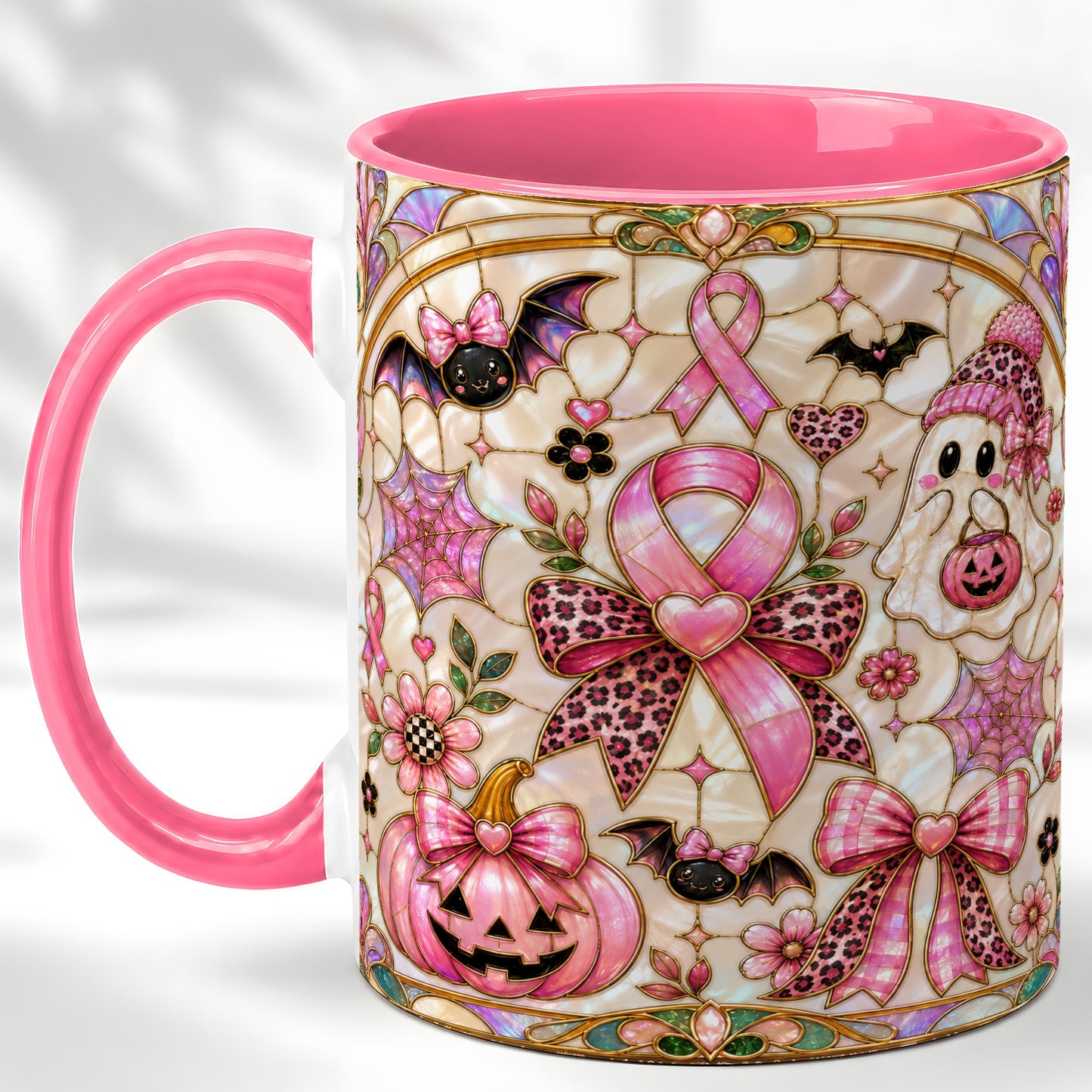 #pl[11oz|Pink] Pink Ribbon Halloween Coffee Mug, Cute Ghost Mug, Floral Ceramic Cup
