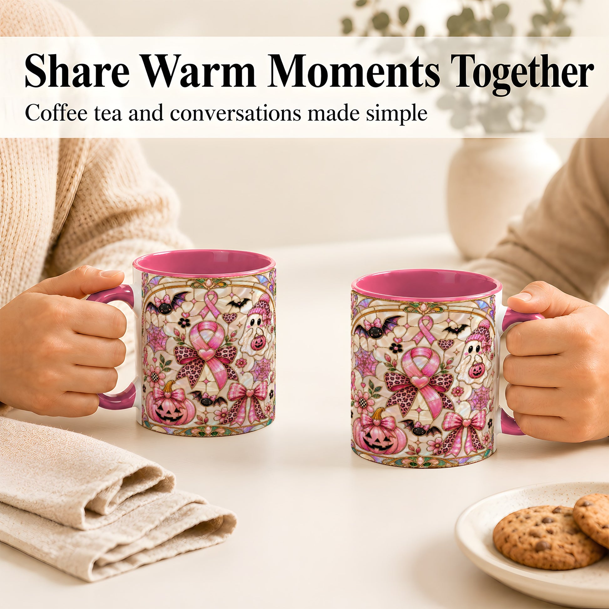 #pl[11oz|Pink] Pink Ribbon Halloween Coffee Mug, Cute Ghost Mug, Floral Ceramic Cup