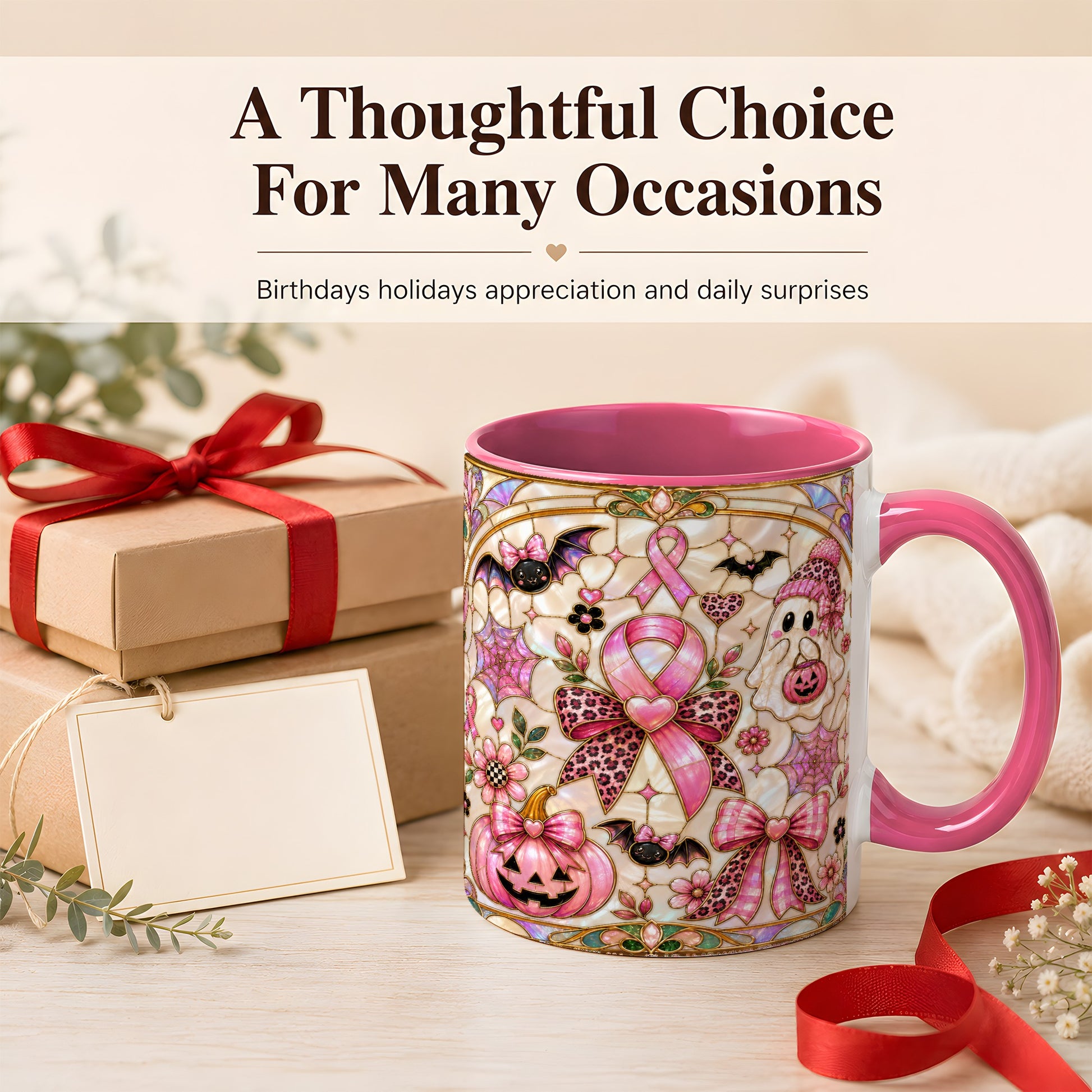 #pl[11oz|Pink] Pink Ribbon Halloween Coffee Mug, Cute Ghost Mug, Floral Ceramic Cup