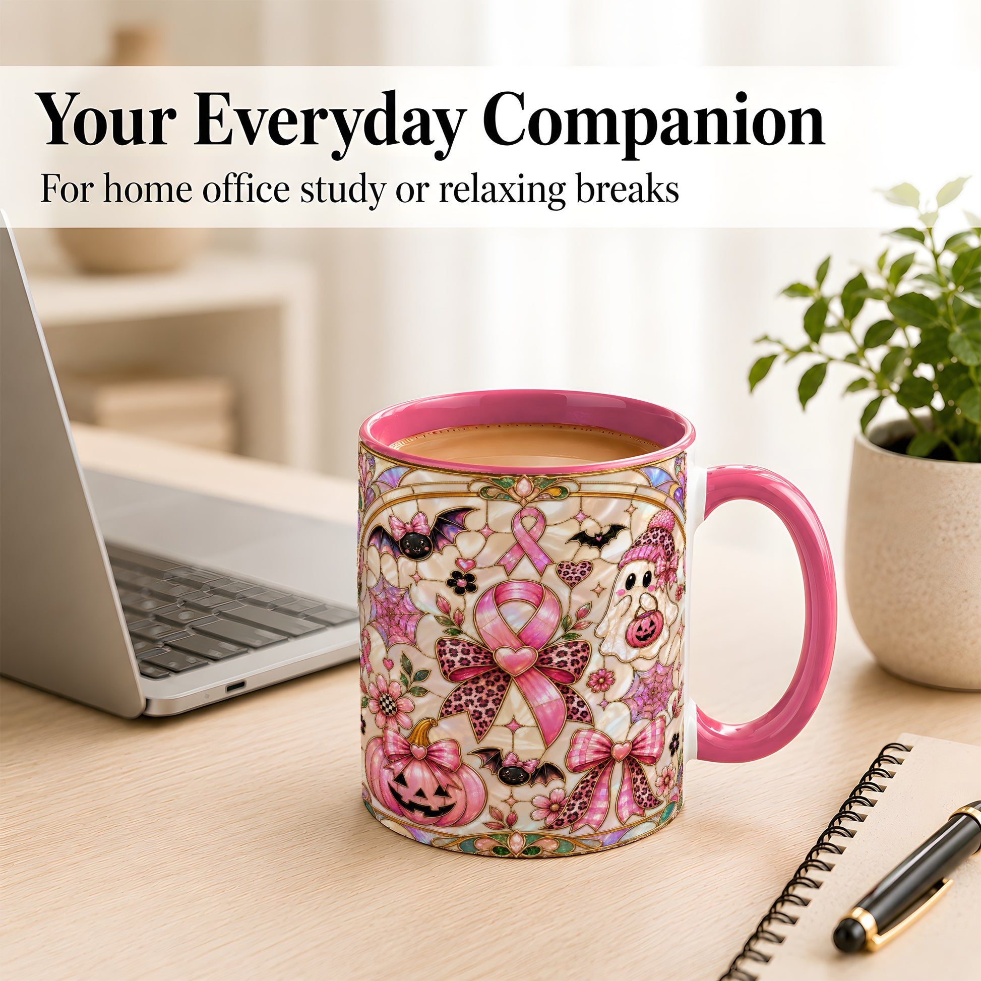 #pl[11oz|Pink] Pink Ribbon Halloween Coffee Mug, Cute Ghost Mug, Floral Ceramic Cup