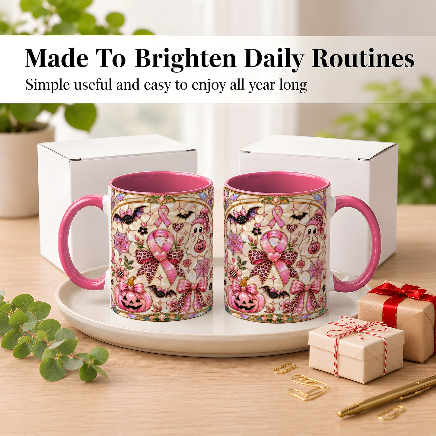 #pl[11oz|Pink] Pink Ribbon Halloween Coffee Mug, Cute Ghost Mug, Floral Ceramic Cup