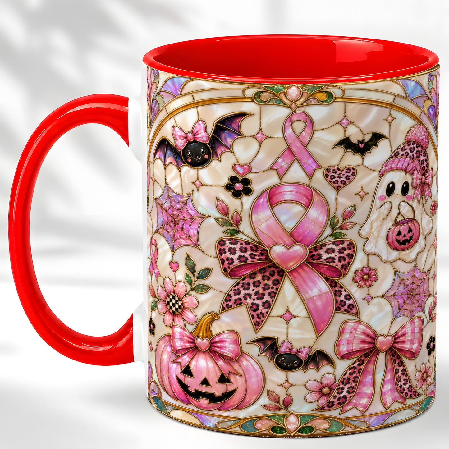 #pl[11oz|Red] Pink Ribbon Halloween Coffee Mug, Cute Ghost Mug, Floral Ceramic Cup