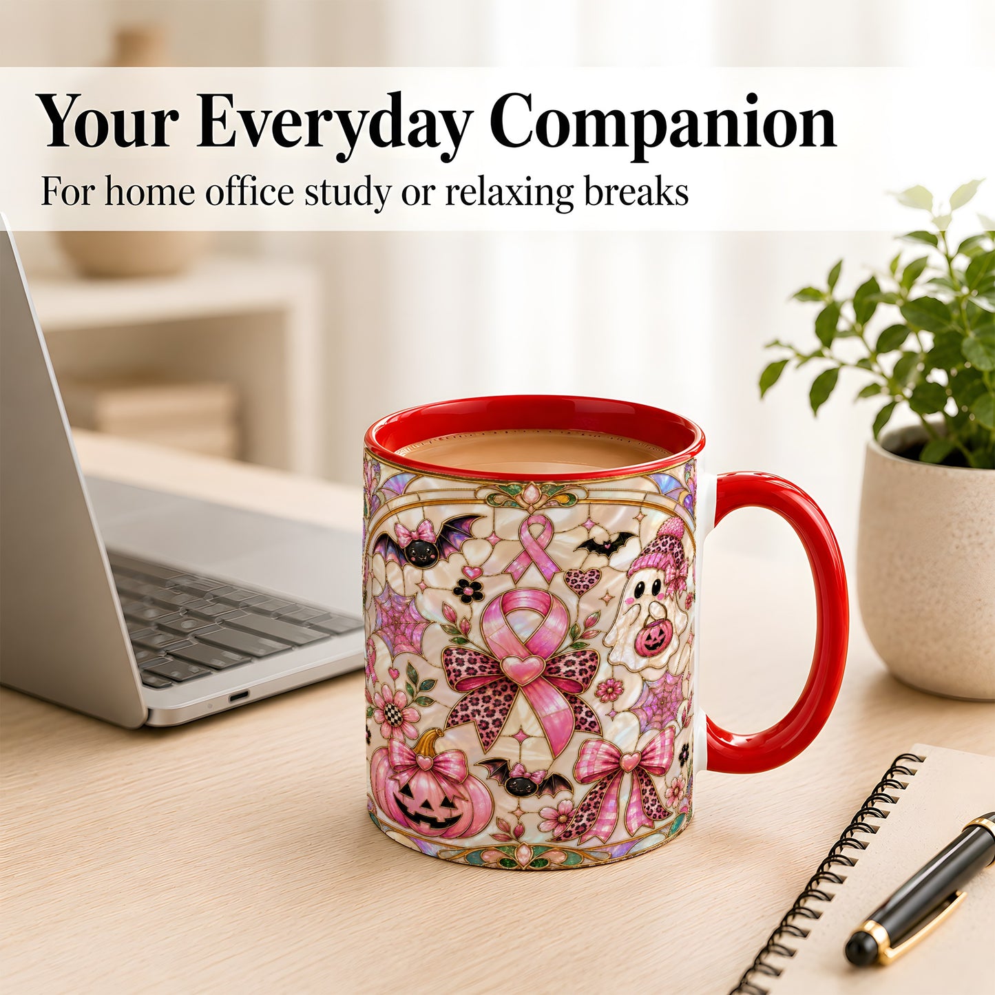 #pl[11oz|Red] Pink Ribbon Halloween Coffee Mug, Cute Ghost Mug, Floral Ceramic Cup