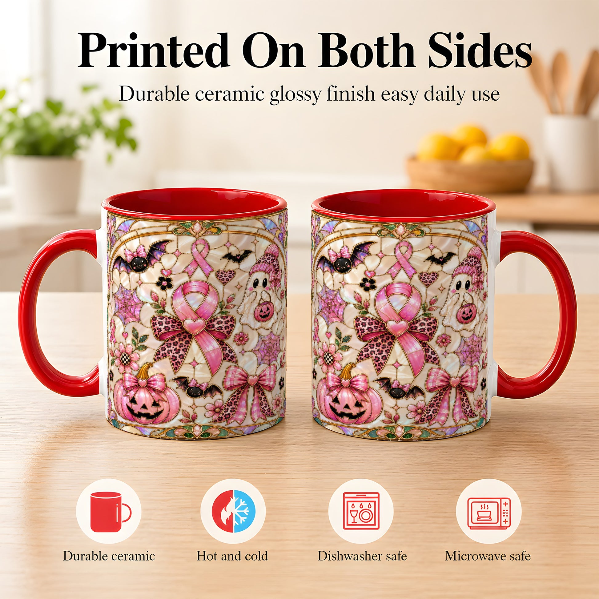 #pl[11oz|Red] Pink Ribbon Halloween Coffee Mug, Cute Ghost Mug, Floral Ceramic Cup