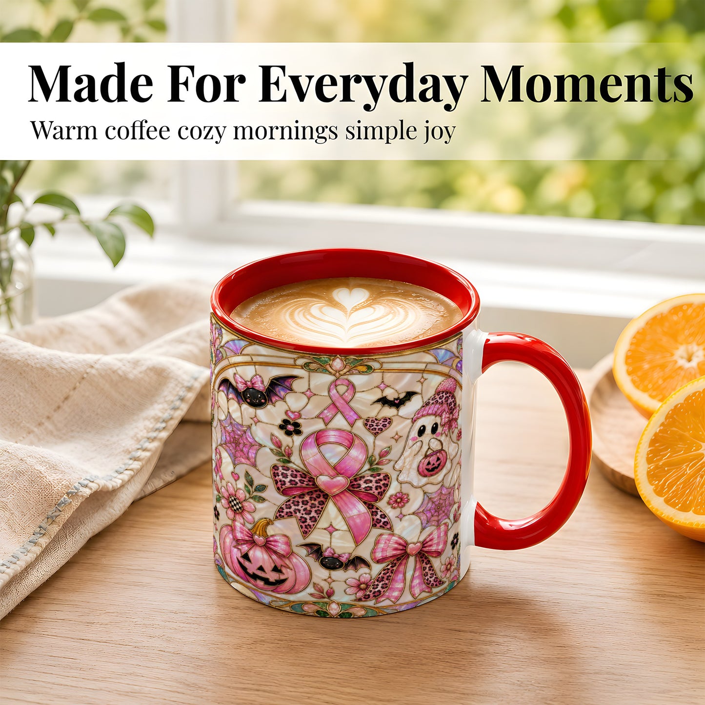 #pl[11oz|Red] Pink Ribbon Halloween Coffee Mug, Cute Ghost Mug, Floral Ceramic Cup
