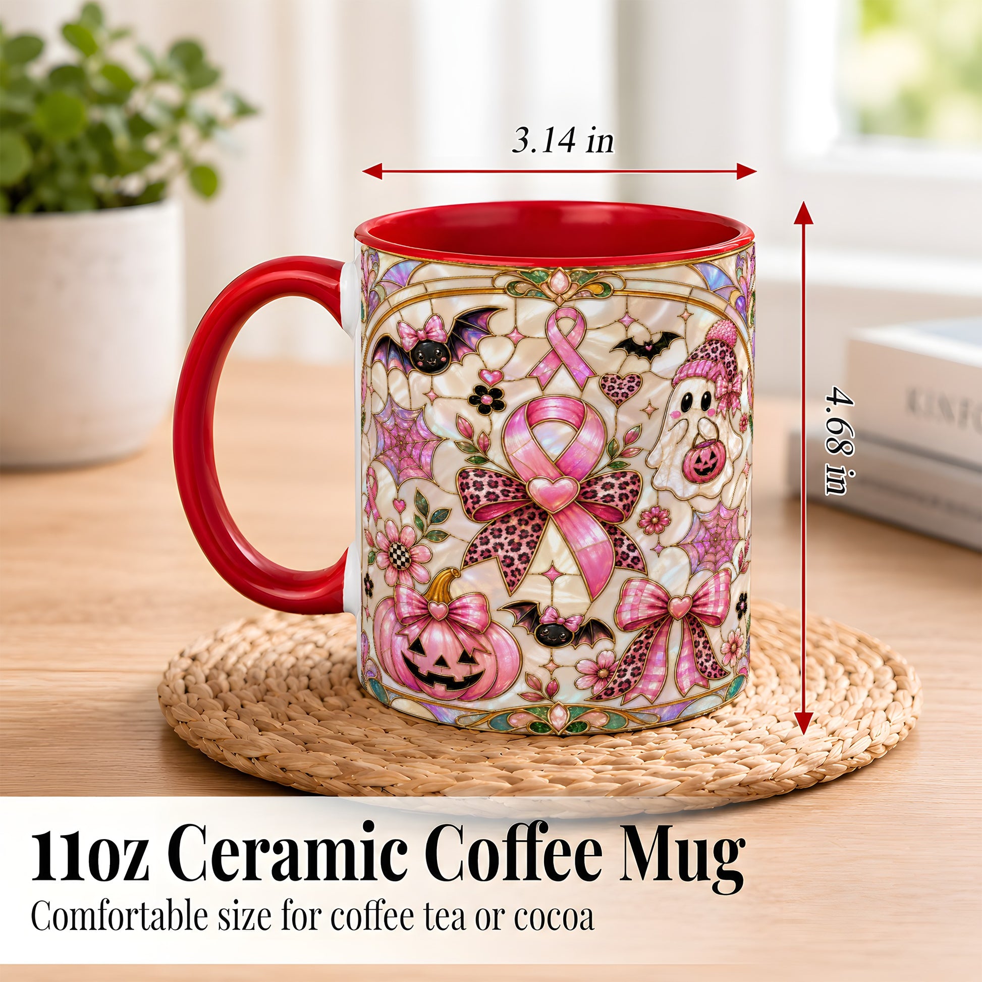 #pl[11oz|Red] Pink Ribbon Halloween Coffee Mug, Cute Ghost Mug, Floral Ceramic Cup