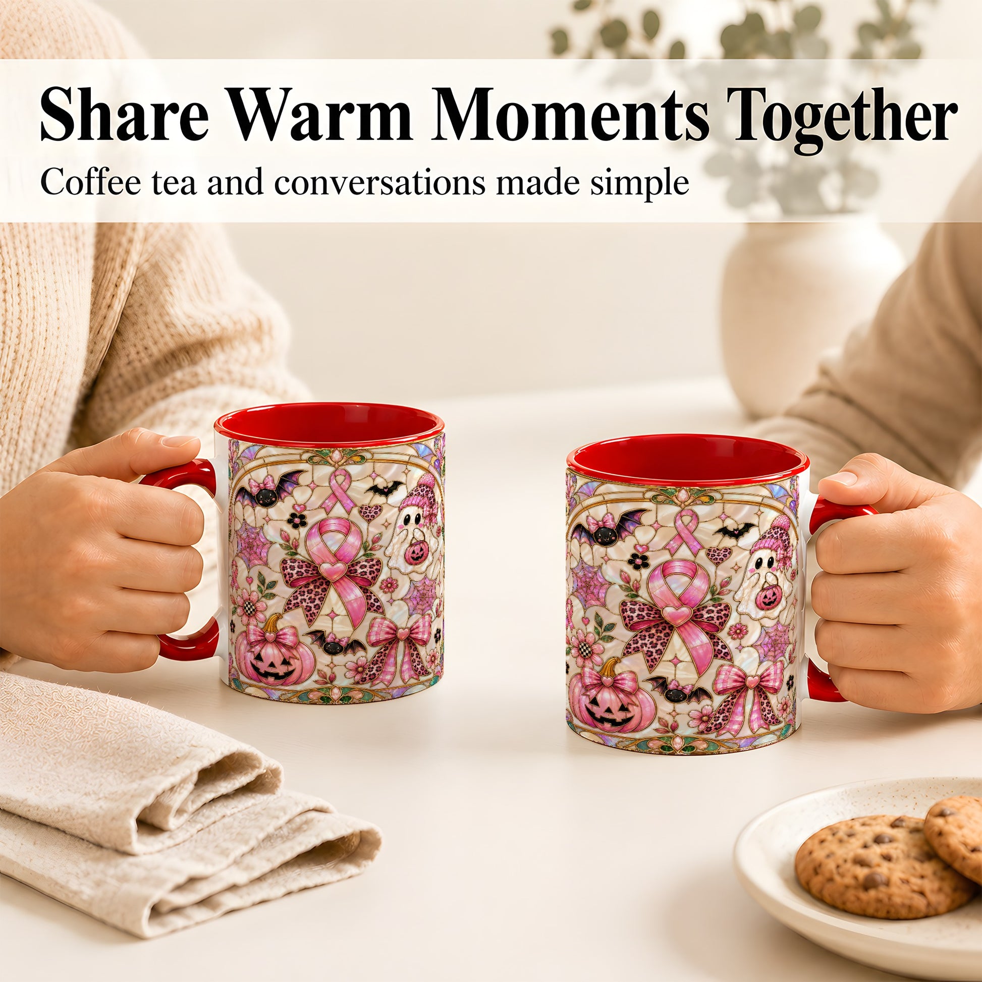 #pl[11oz|Red] Pink Ribbon Halloween Coffee Mug, Cute Ghost Mug, Floral Ceramic Cup
