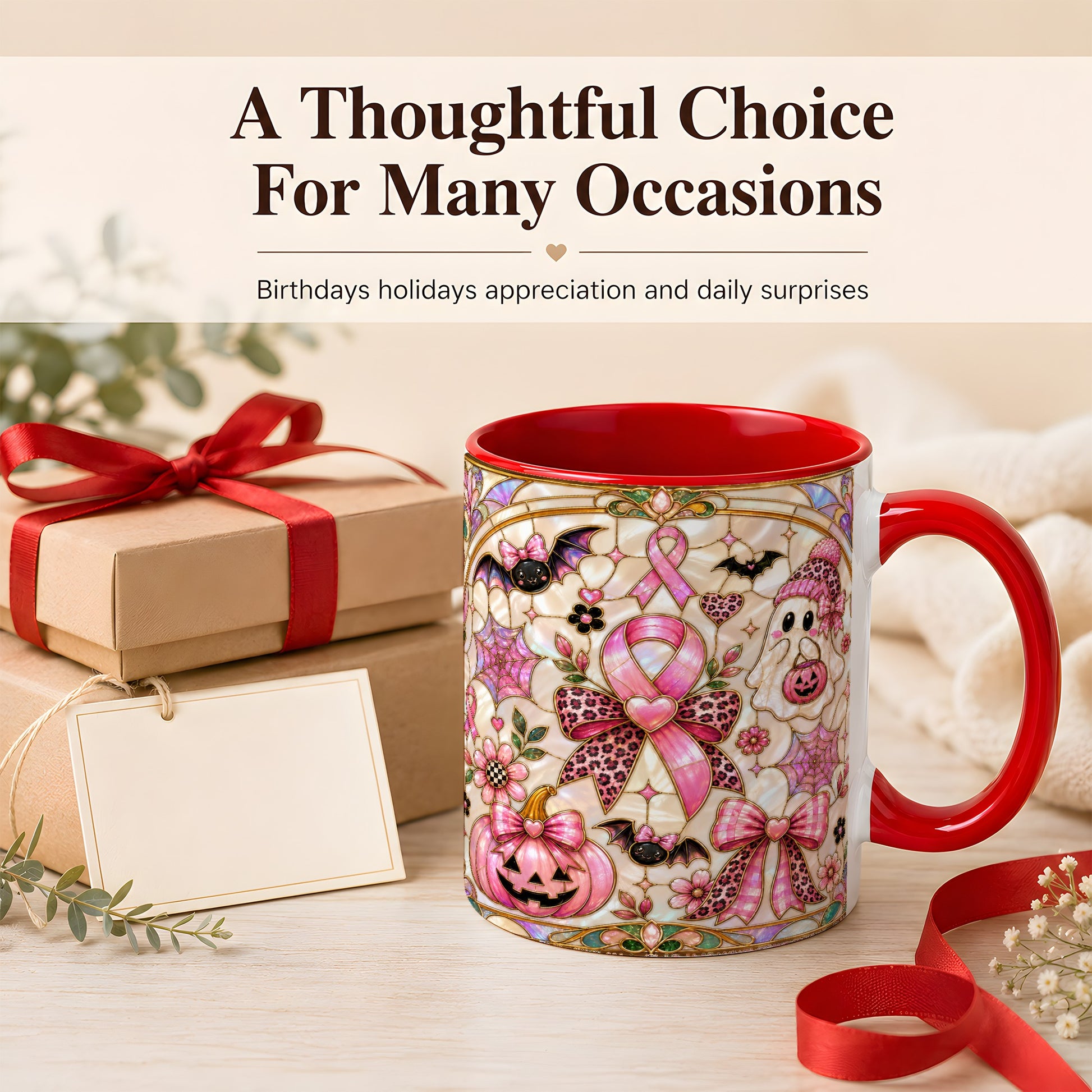 #pl[11oz|Red] Pink Ribbon Halloween Coffee Mug, Cute Ghost Mug, Floral Ceramic Cup