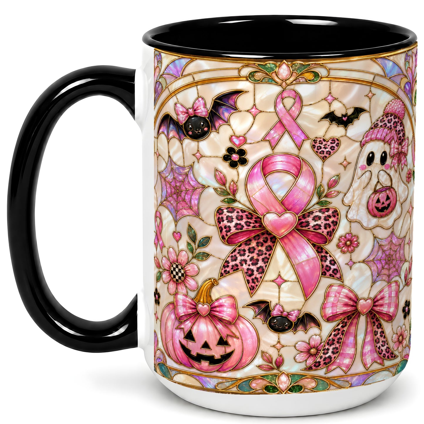 #pl[15oz|Black] Pink Ribbon Halloween Coffee Mug, Cute Ghost Mug, Floral Ceramic Cup