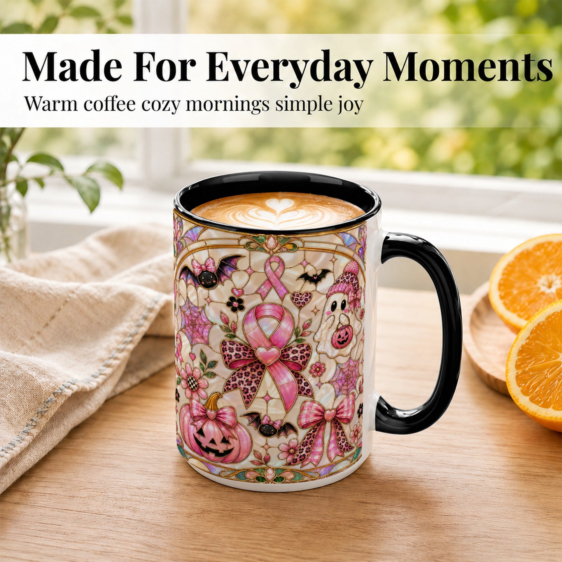#pl[15oz|Black] Pink Ribbon Halloween Coffee Mug, Cute Ghost Mug, Floral Ceramic Cup