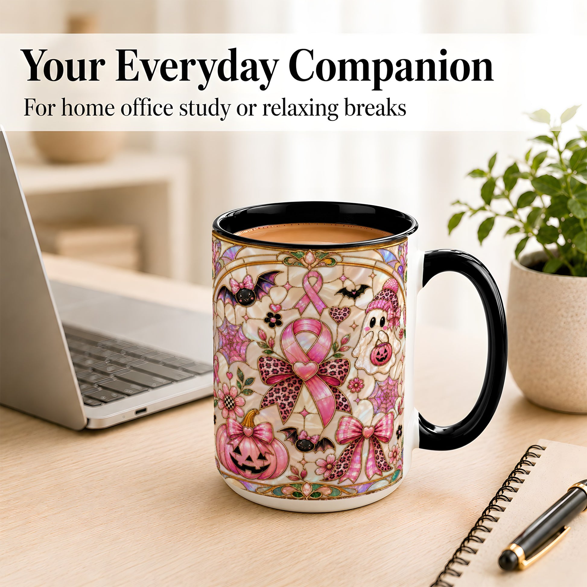 #pl[15oz|Black] Pink Ribbon Halloween Coffee Mug, Cute Ghost Mug, Floral Ceramic Cup