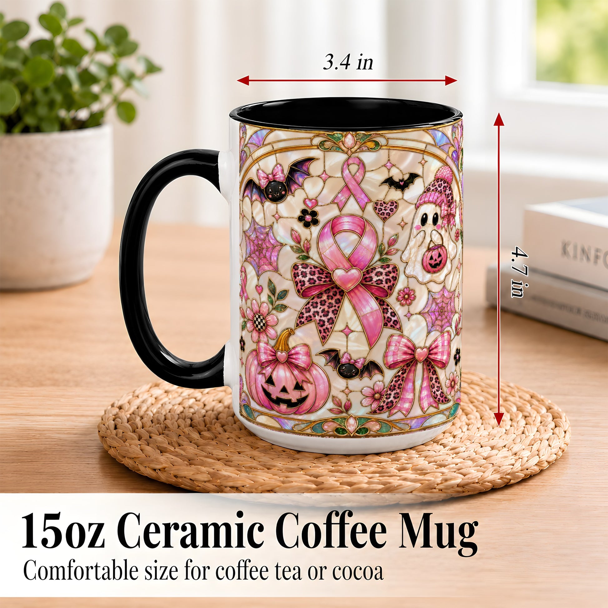 #pl[15oz|Black] Pink Ribbon Halloween Coffee Mug, Cute Ghost Mug, Floral Ceramic Cup
