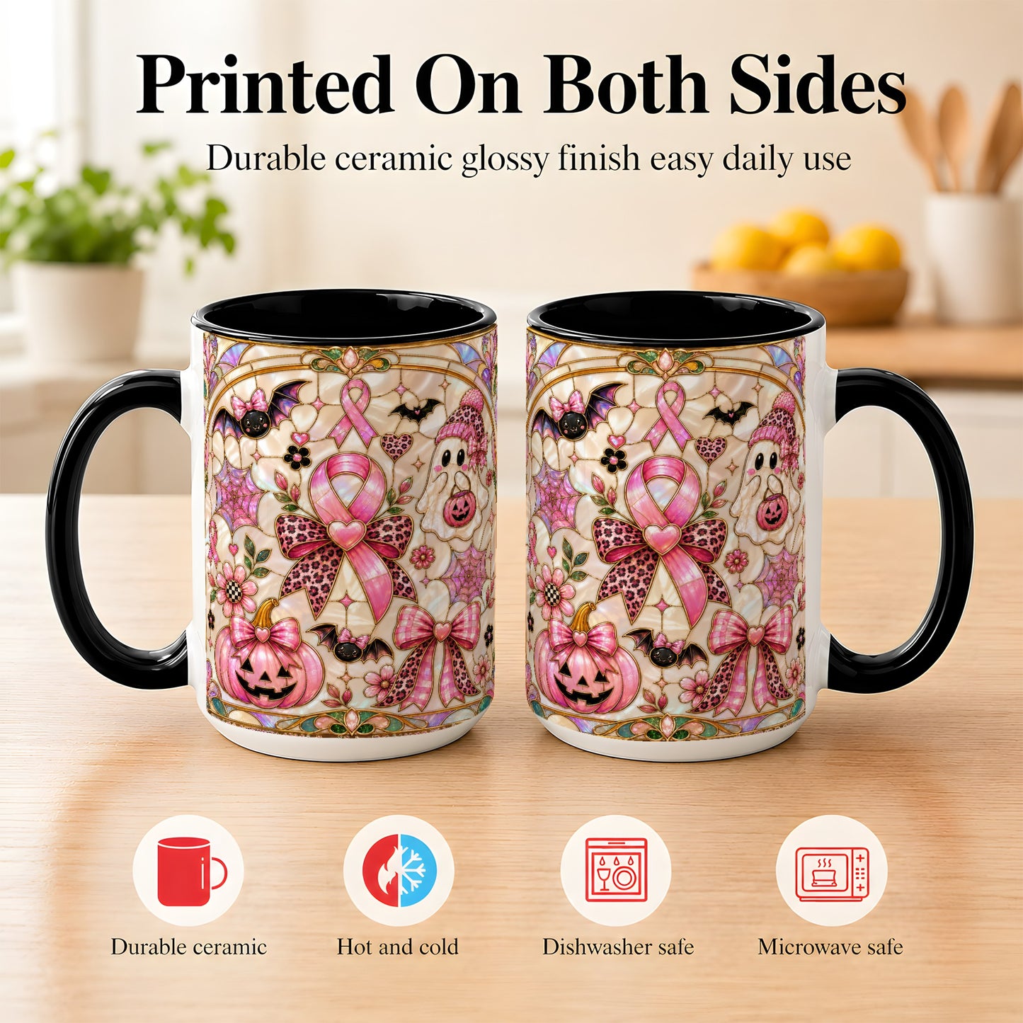 #pl[15oz|Black] Pink Ribbon Halloween Coffee Mug, Cute Ghost Mug, Floral Ceramic Cup