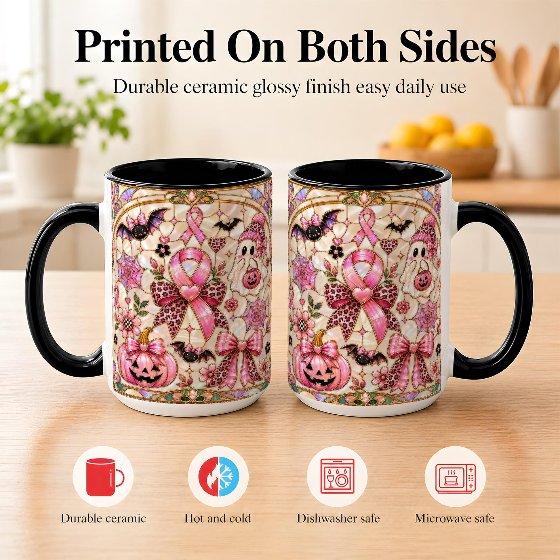 #pl[15oz|Black] Pink Ribbon Halloween Coffee Mug, Cute Ghost Mug, Floral Ceramic Cup