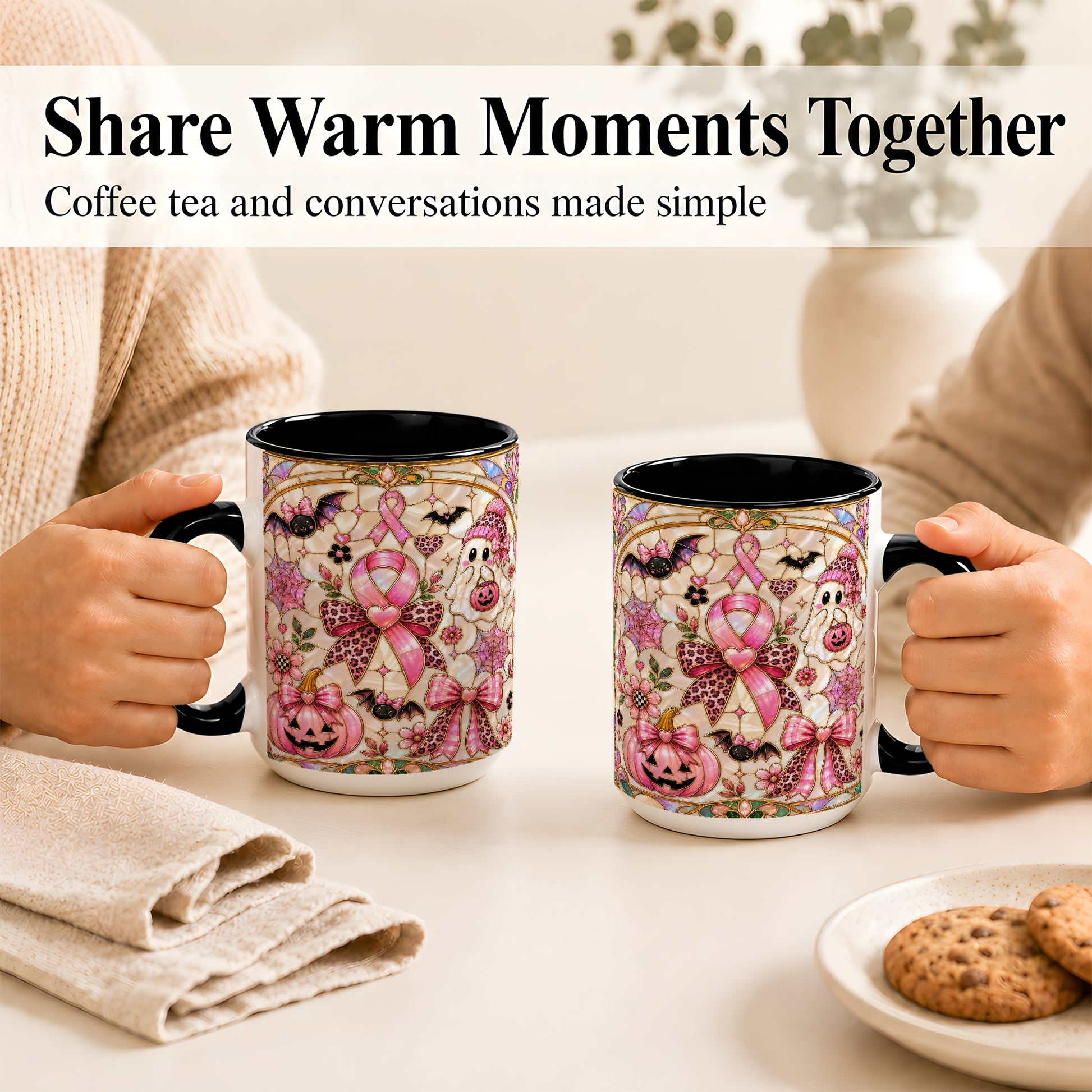 #pl[15oz|Black] Pink Ribbon Halloween Coffee Mug, Cute Ghost Mug, Floral Ceramic Cup