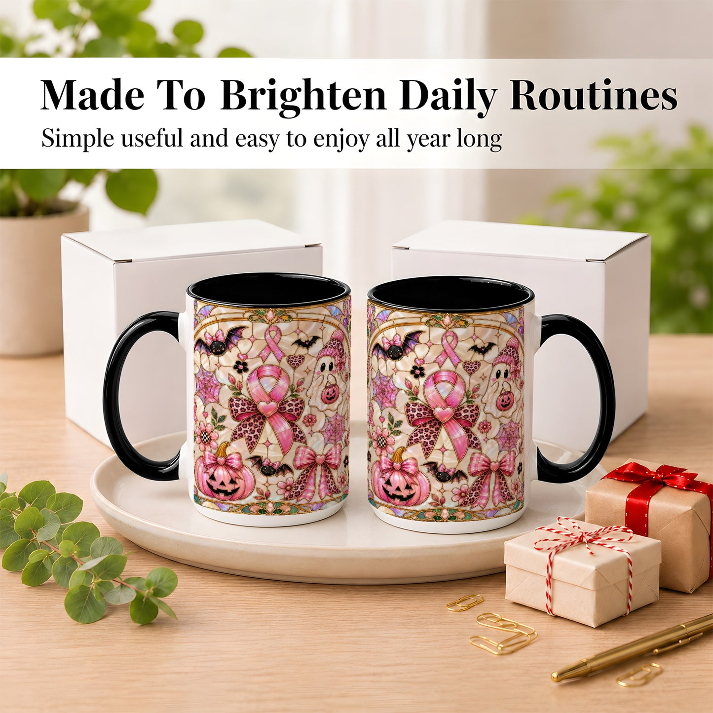 #pl[15oz|Black] Pink Ribbon Halloween Coffee Mug, Cute Ghost Mug, Floral Ceramic Cup