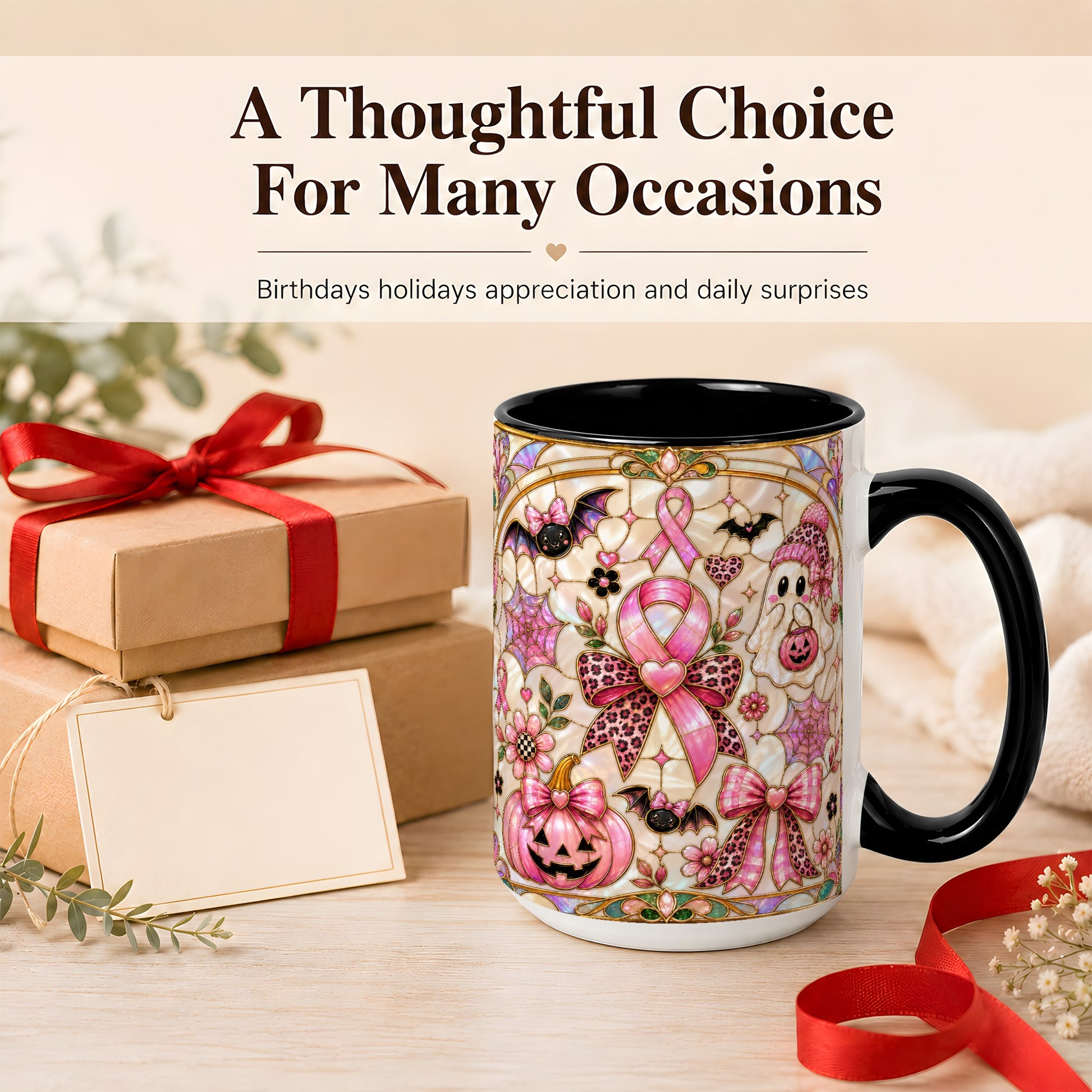 #pl[15oz|Black] Pink Ribbon Halloween Coffee Mug, Cute Ghost Mug, Floral Ceramic Cup