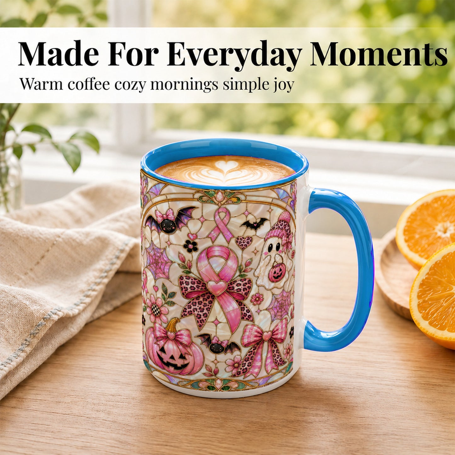 #pl[15oz|Blue] Pink Ribbon Halloween Coffee Mug, Cute Ghost Mug, Floral Ceramic Cup
