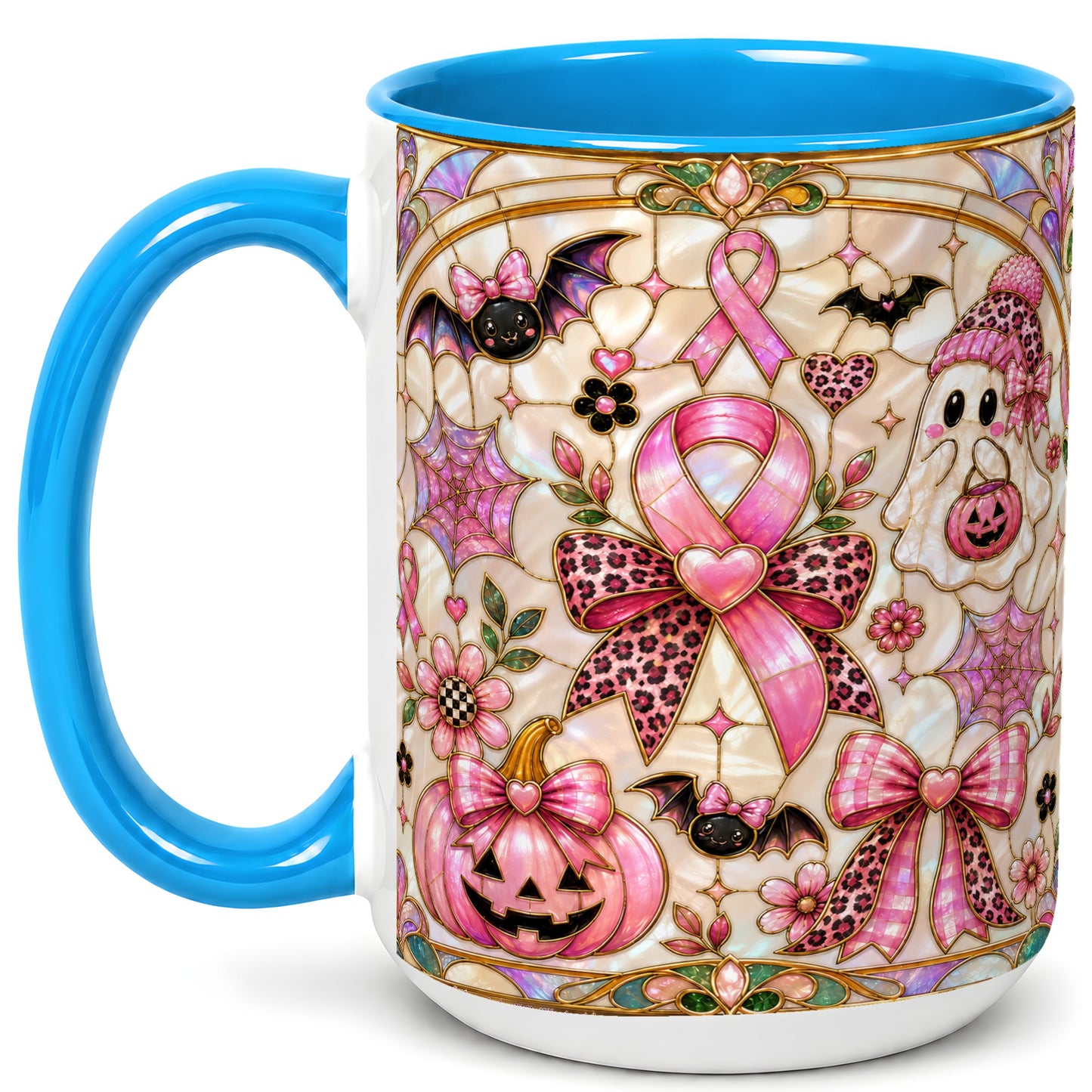 #pl[15oz|Blue] Pink Ribbon Halloween Coffee Mug, Cute Ghost Mug, Floral Ceramic Cup