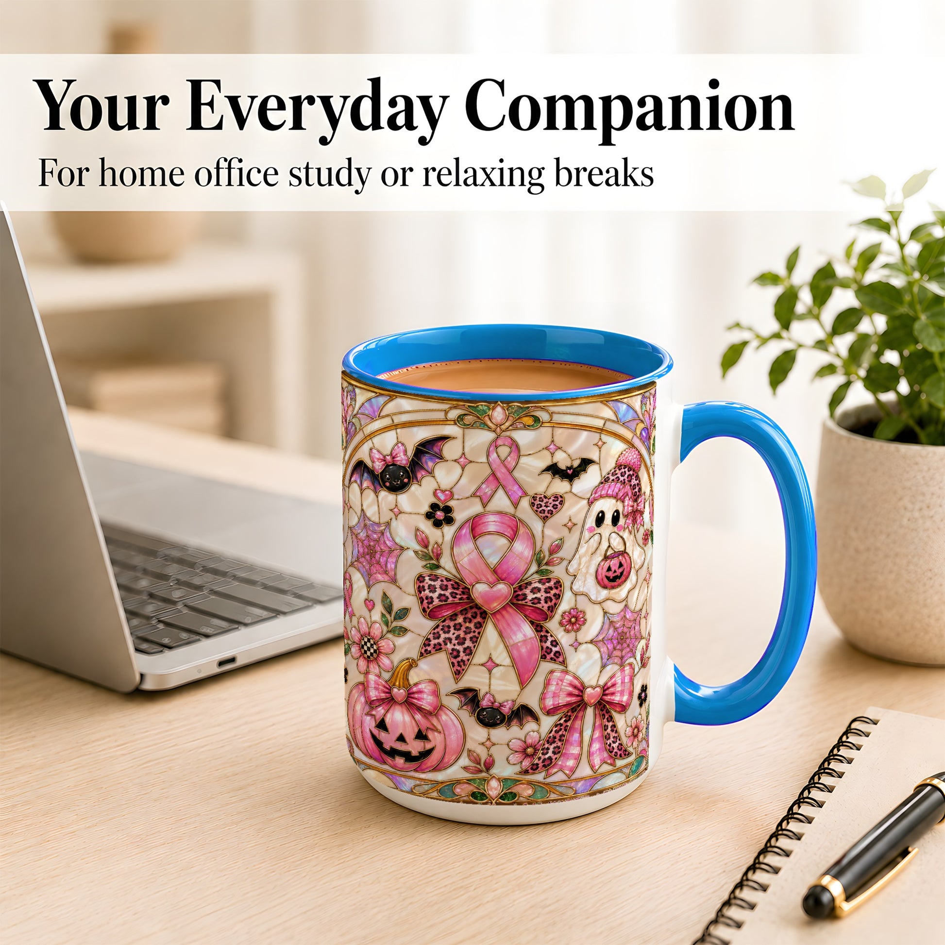 #pl[15oz|Blue] Pink Ribbon Halloween Coffee Mug, Cute Ghost Mug, Floral Ceramic Cup