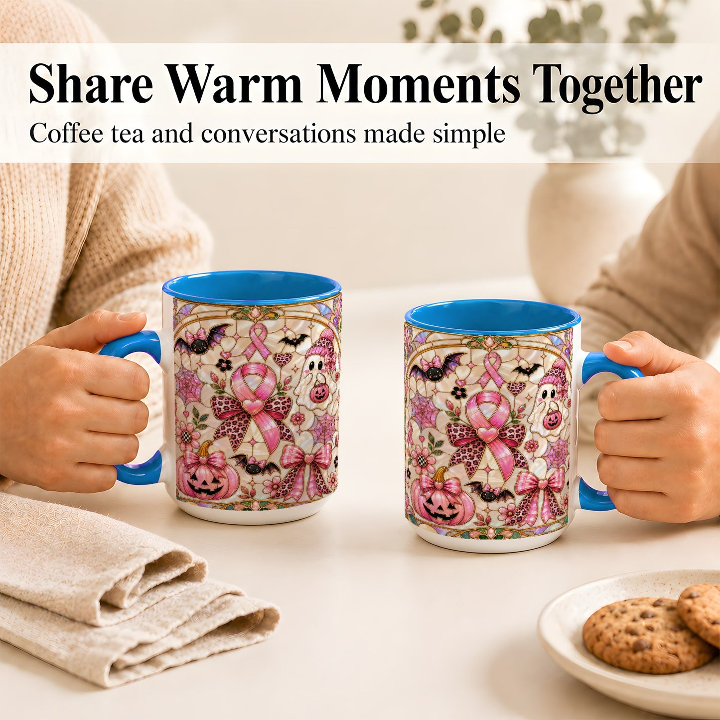 #pl[15oz|Blue] Pink Ribbon Halloween Coffee Mug, Cute Ghost Mug, Floral Ceramic Cup