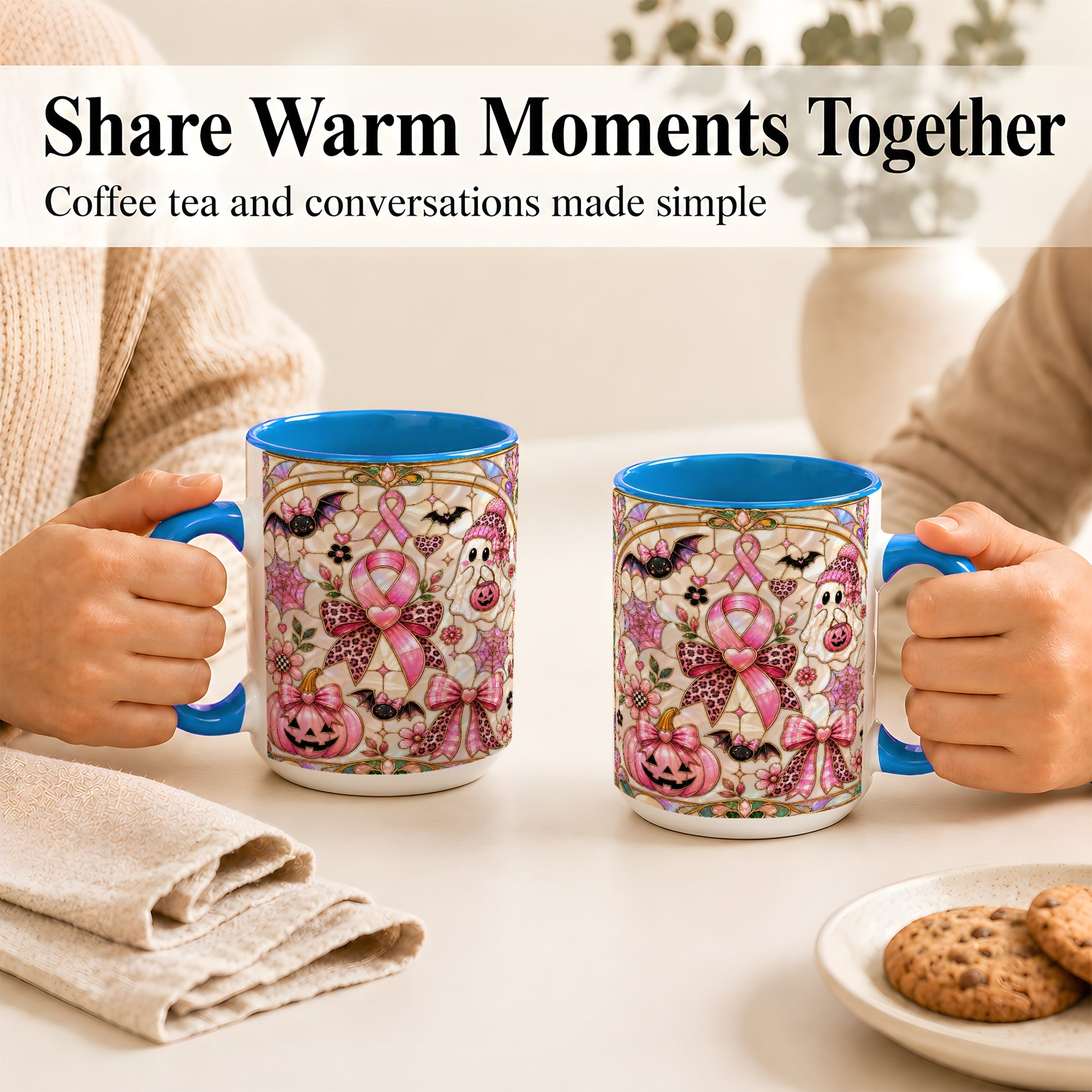 #pl[15oz|Blue] Pink Ribbon Halloween Coffee Mug, Cute Ghost Mug, Floral Ceramic Cup