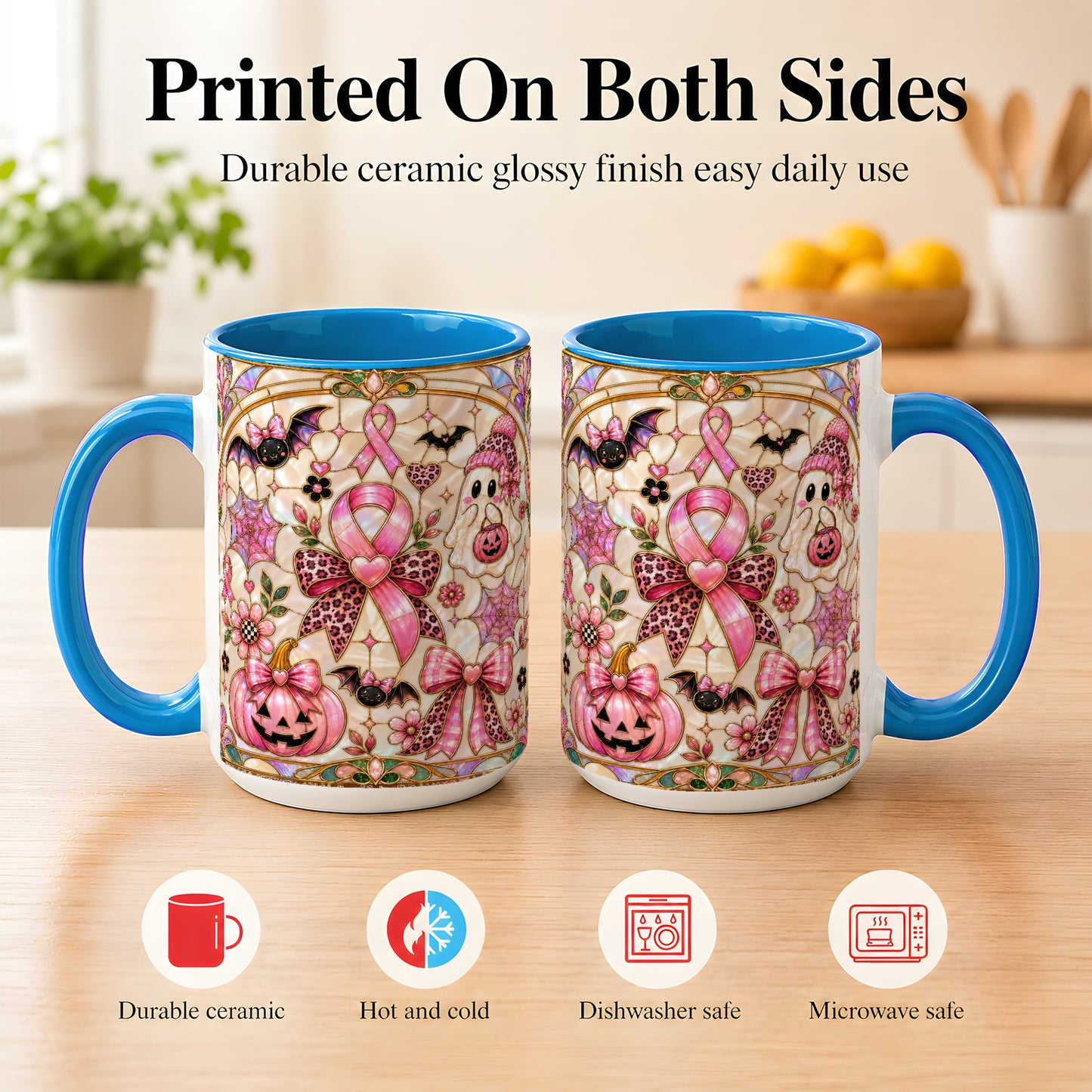 #pl[15oz|Blue] Pink Ribbon Halloween Coffee Mug, Cute Ghost Mug, Floral Ceramic Cup