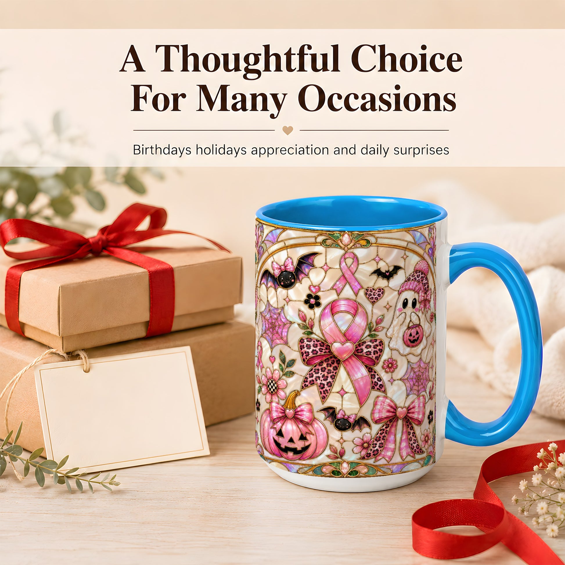 #pl[15oz|Blue] Pink Ribbon Halloween Coffee Mug, Cute Ghost Mug, Floral Ceramic Cup