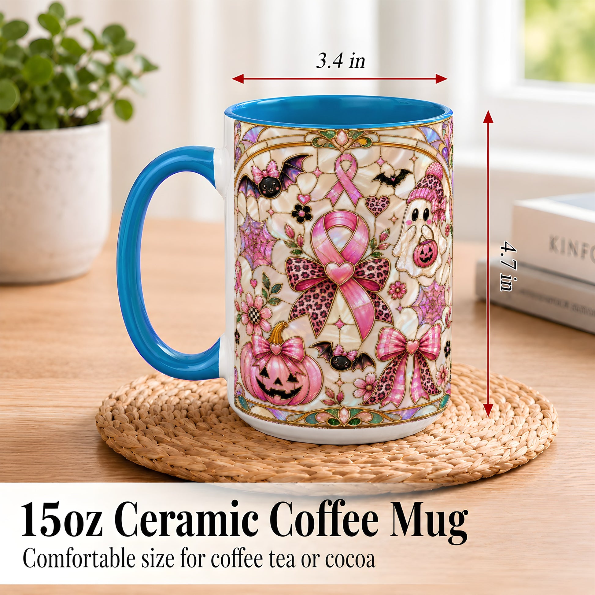 #pl[15oz|Blue] Pink Ribbon Halloween Coffee Mug, Cute Ghost Mug, Floral Ceramic Cup